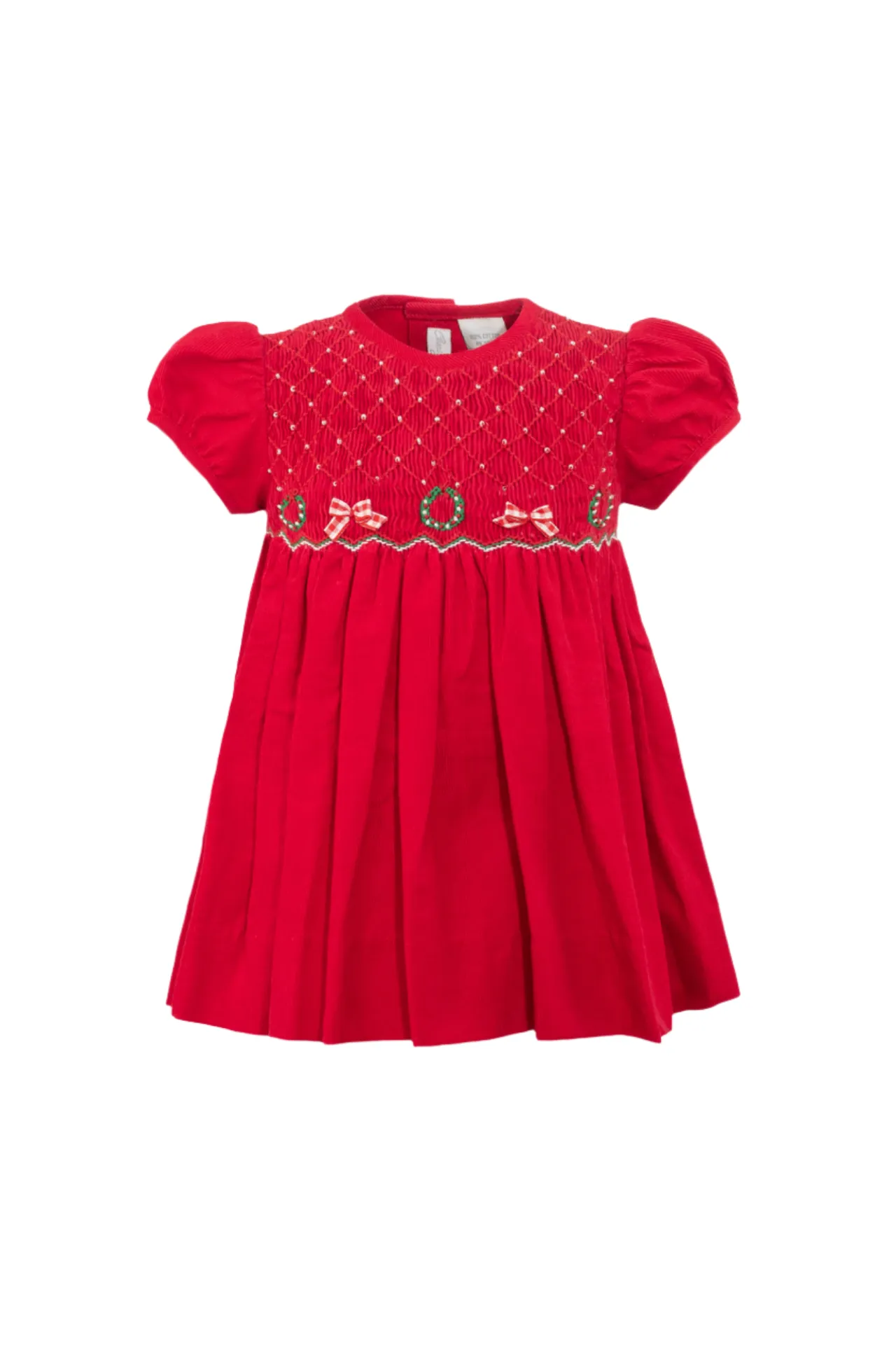 20233-Red Smocked Corduroy Baby Girl Short Sleeve Dress with Panty