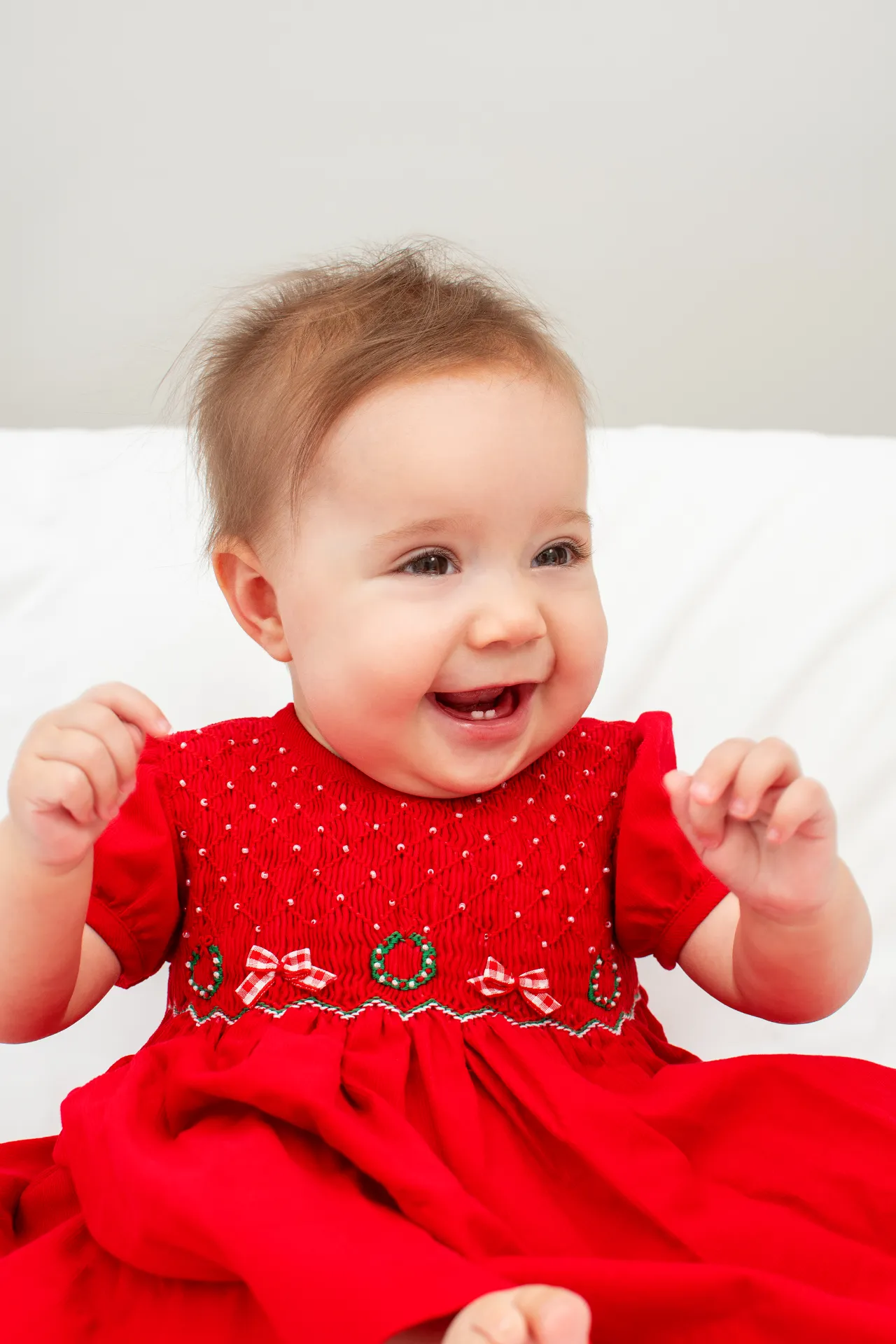 20233-Red Smocked Corduroy Baby Girl Short Sleeve Dress with Panty