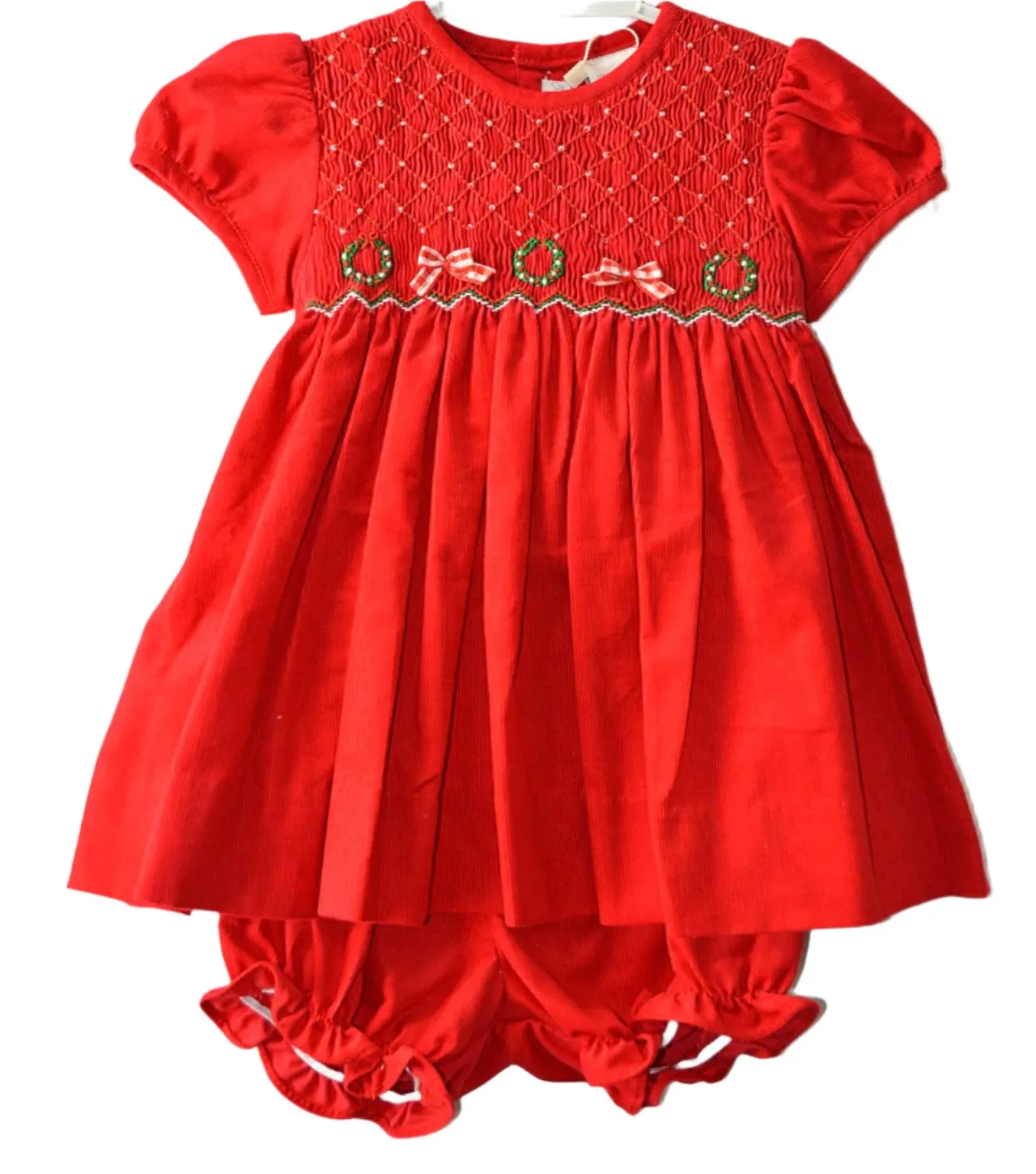 20233-Red Smocked Corduroy Baby Girl Short Sleeve Dress with Panty