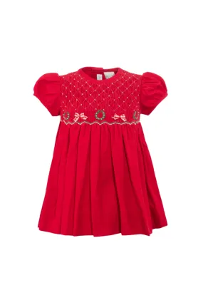 20233-Red Smocked Corduroy Baby Girl Short Sleeve Dress with Panty