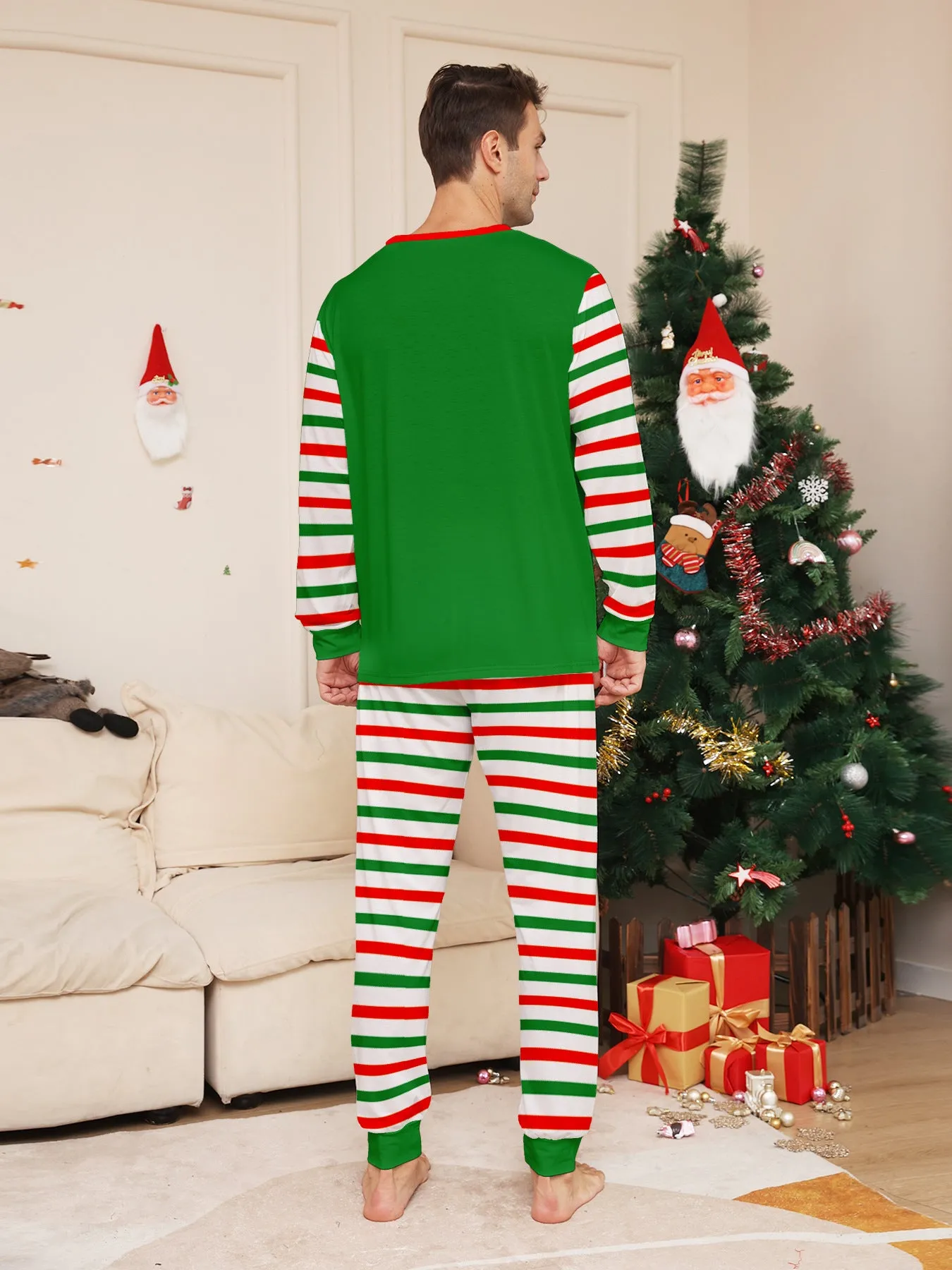 3D Print Christmas Family Pajamas Red Green Striped Crutch Xmas Pajamas