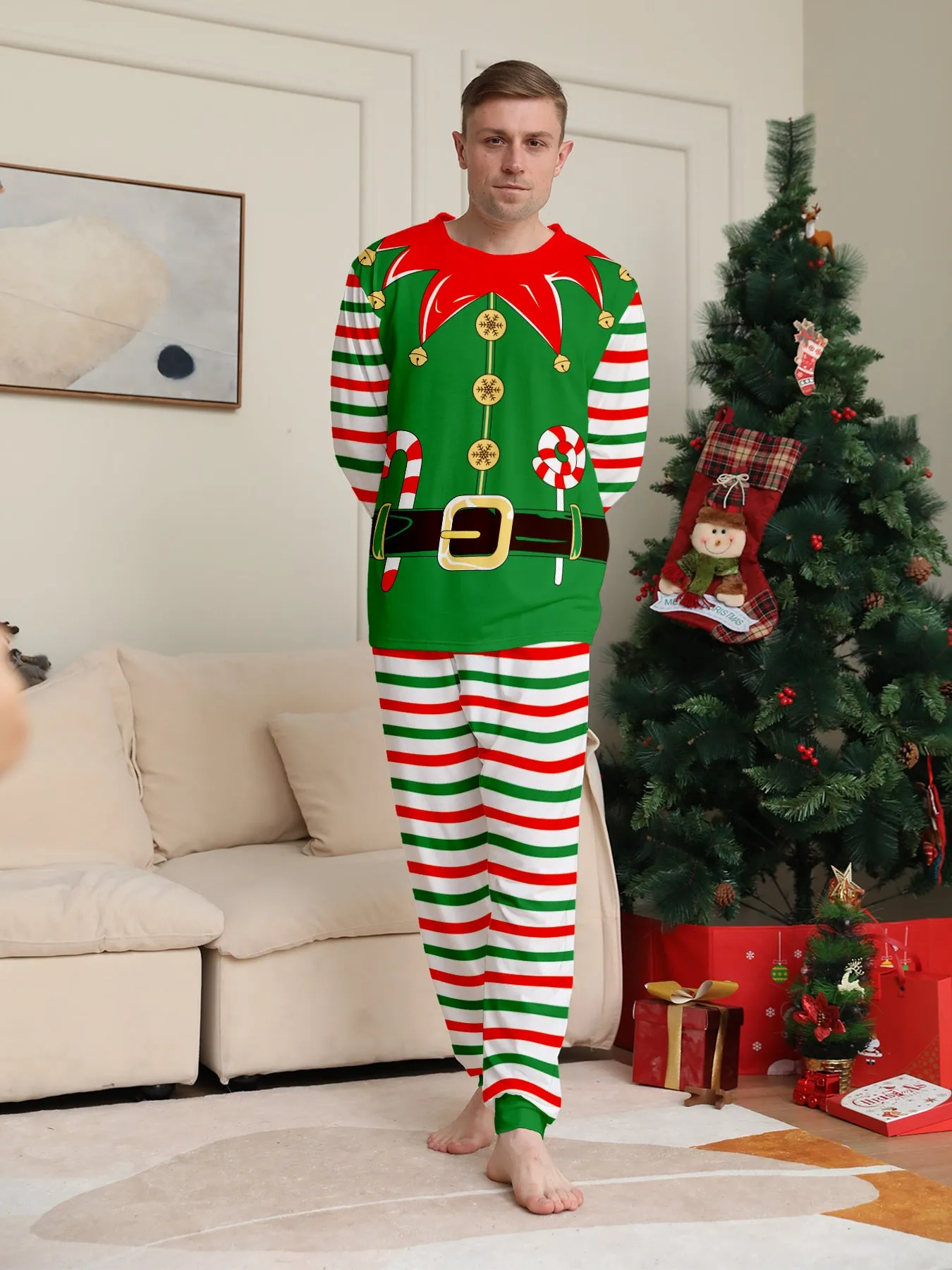 3D Print Christmas Family Pajamas Red Green Striped Crutch Xmas Pajamas