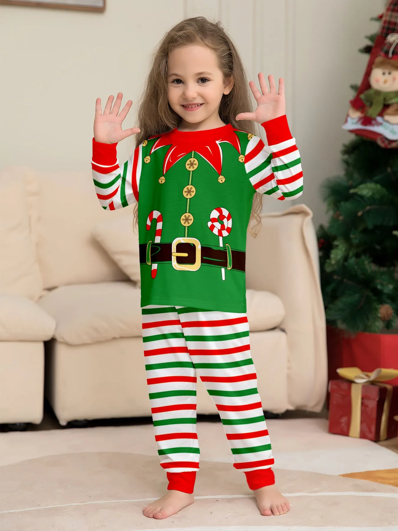 3D Print Christmas Family Pajamas Red Green Striped Crutch Xmas Pajamas