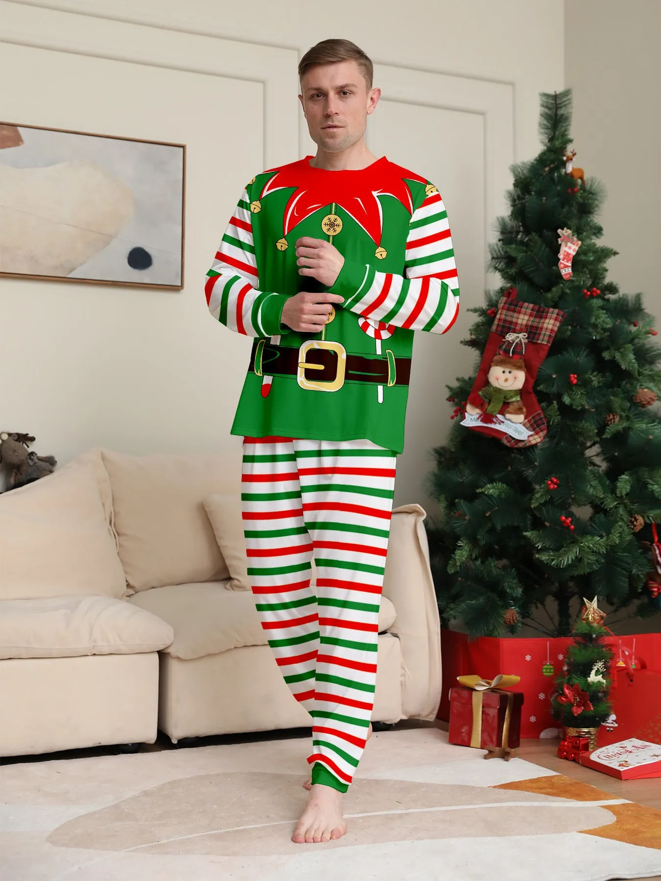 3D Print Christmas Family Pajamas Red Green Striped Crutch Xmas Pajamas
