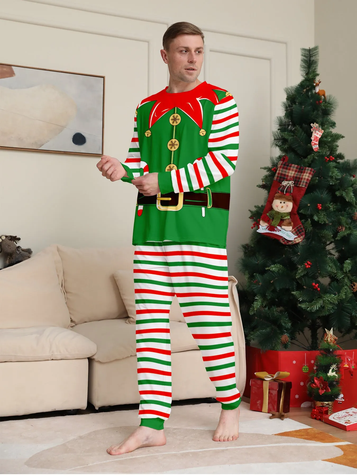 3D Print Christmas Family Pajamas Red Green Striped Crutch Xmas Pajamas