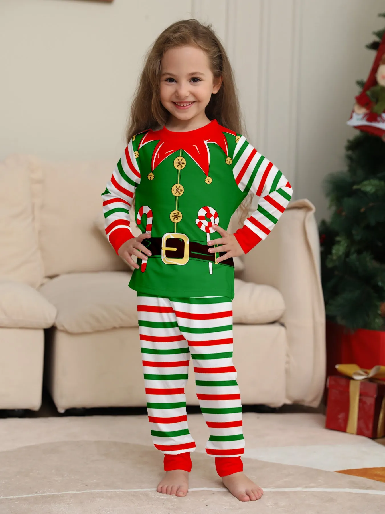 3D Print Christmas Family Pajamas Red Green Striped Crutch Xmas Pajamas