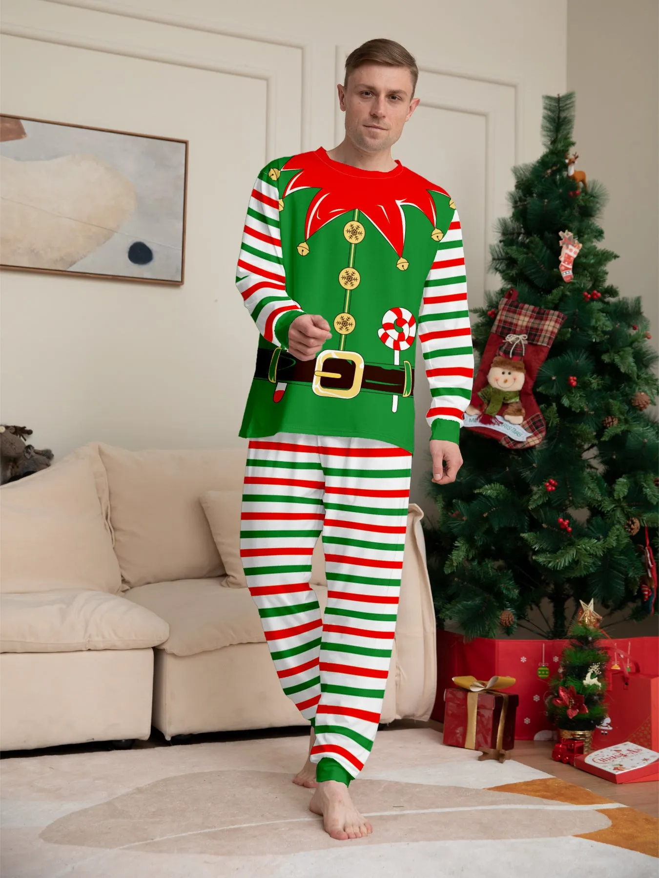 3D Print Christmas Family Pajamas Red Green Striped Crutch Xmas Pajamas