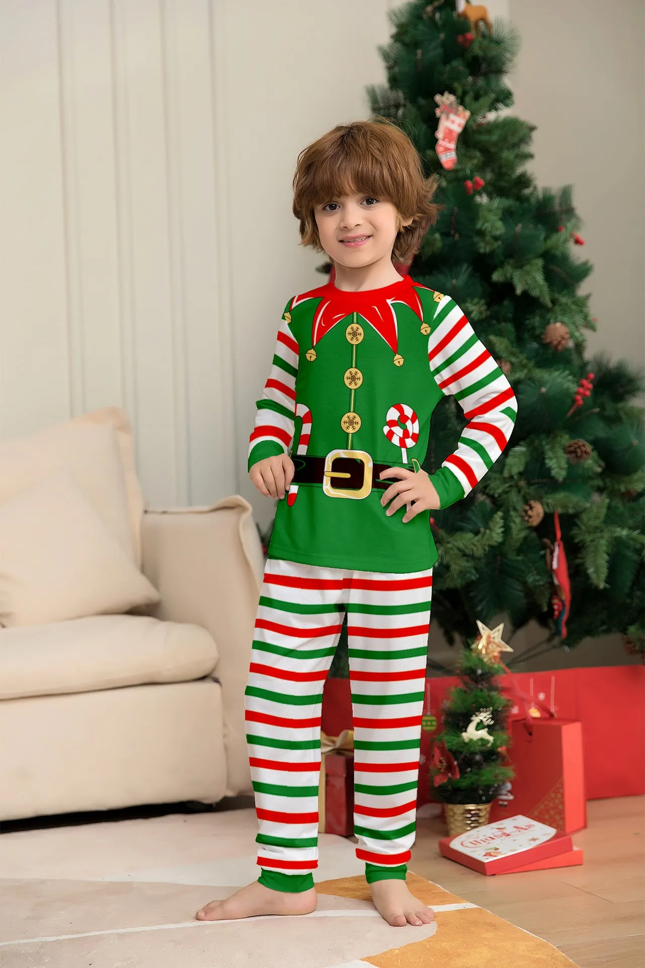 3D Print Christmas Family Pajamas Red Green Striped Crutch Xmas Pajamas