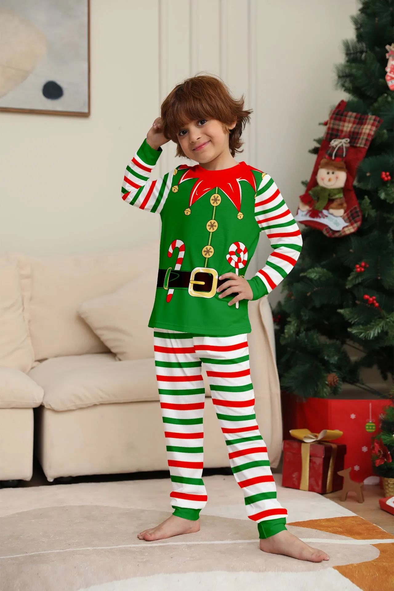 3D Print Christmas Family Pajamas Red Green Striped Crutch Xmas Pajamas