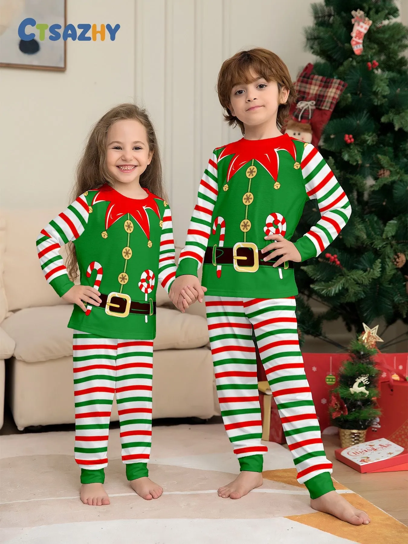 3D Print Christmas Family Pajamas Red Green Striped Crutch Xmas Pajamas