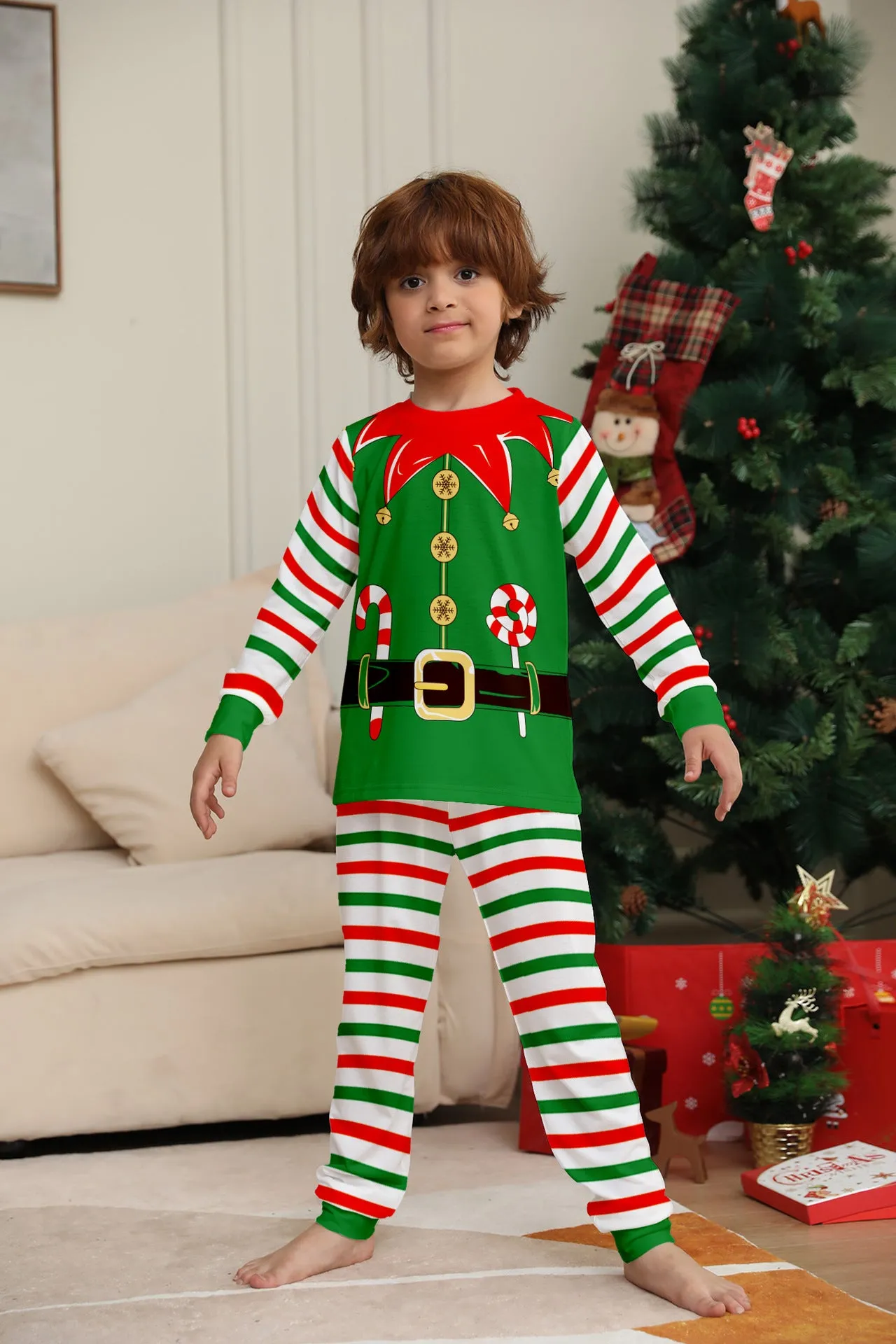 3D Print Christmas Family Pajamas Red Green Striped Crutch Xmas Pajamas