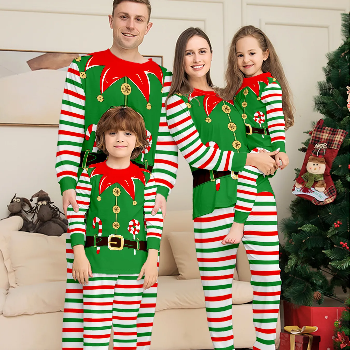3D Print Christmas Family Pajamas Red Green Striped Crutch Xmas Pajamas