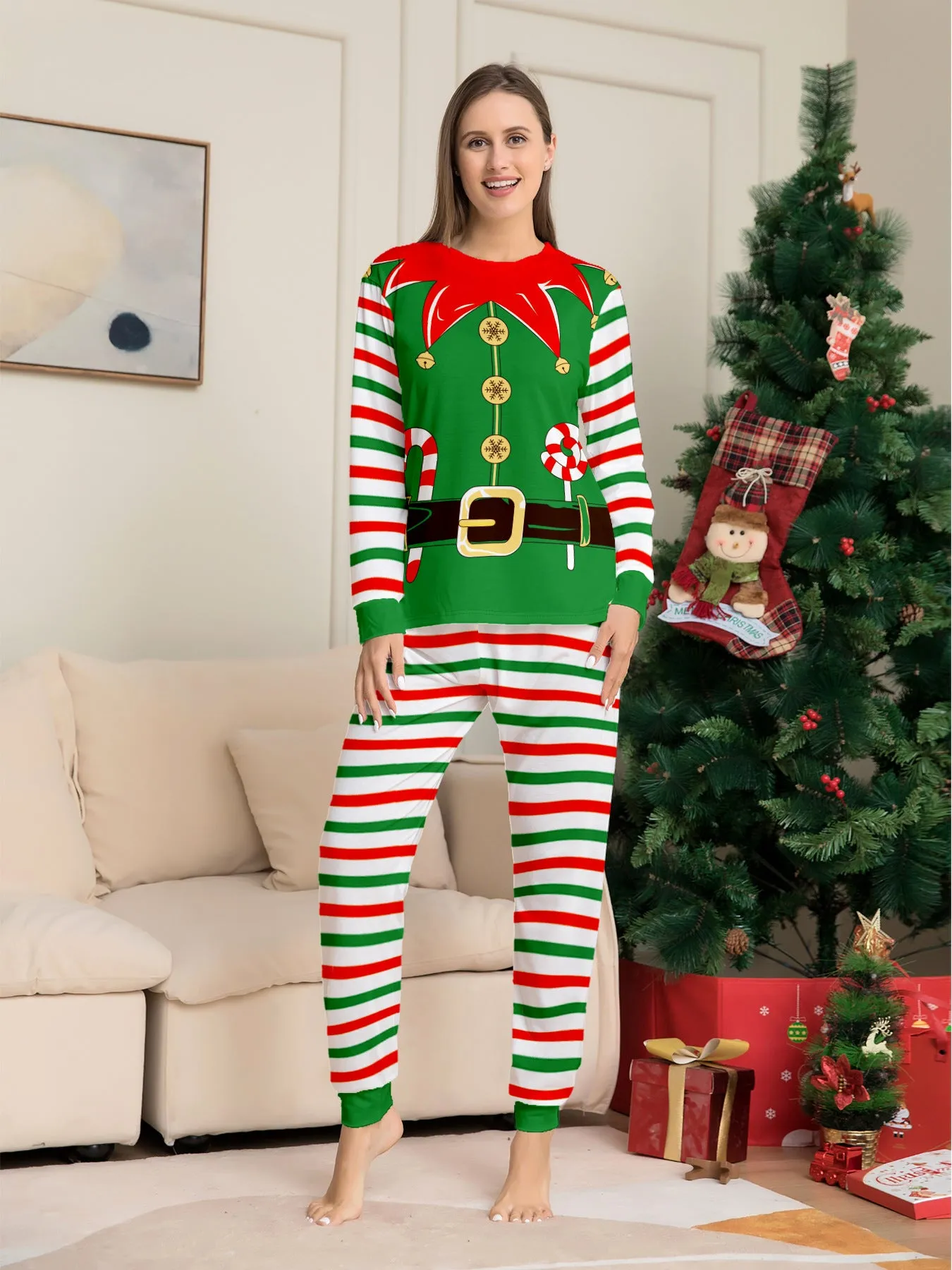 3D Print Christmas Family Pajamas Red Green Striped Crutch Xmas Pajamas