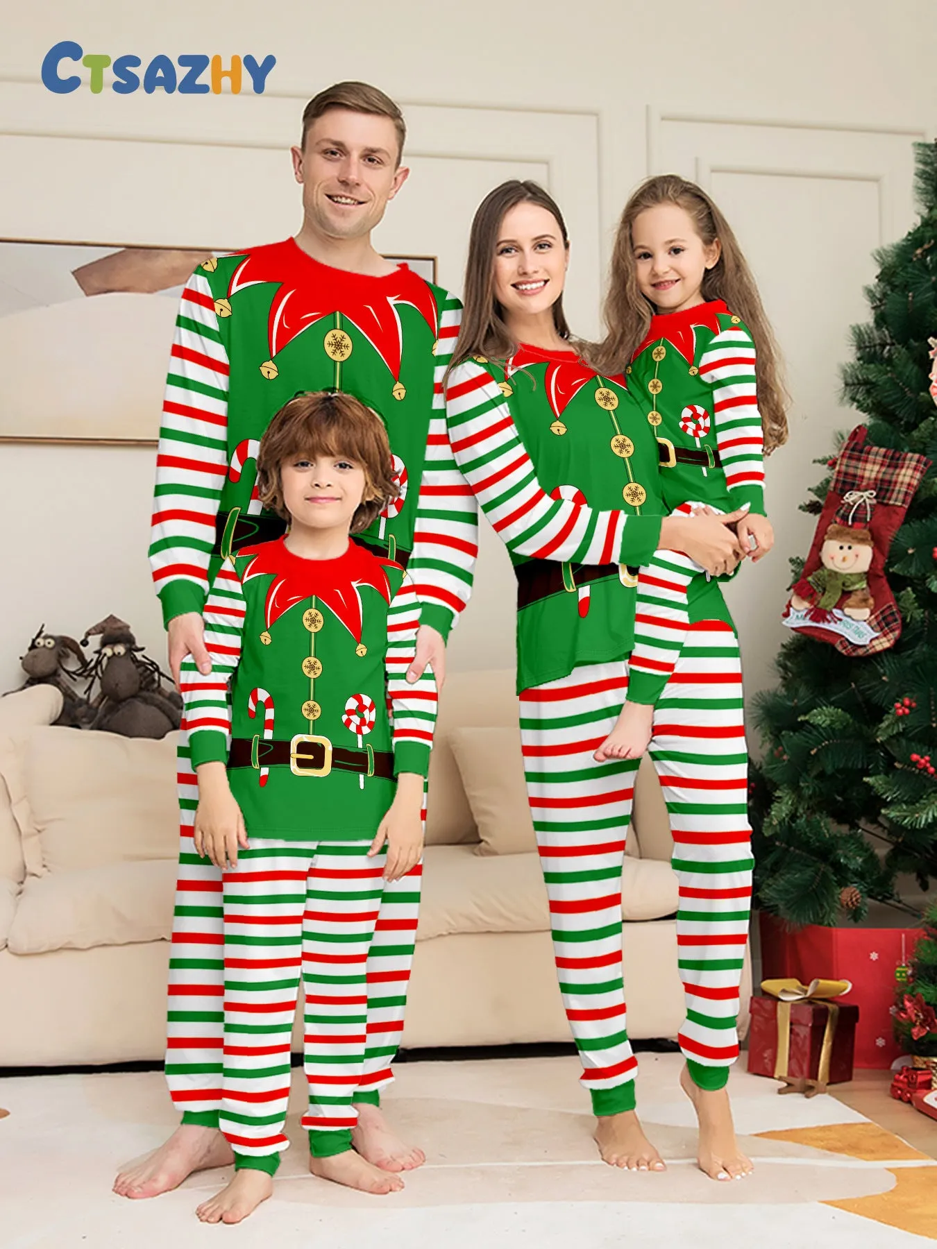 3D Print Christmas Family Pajamas Red Green Striped Crutch Xmas Pajamas