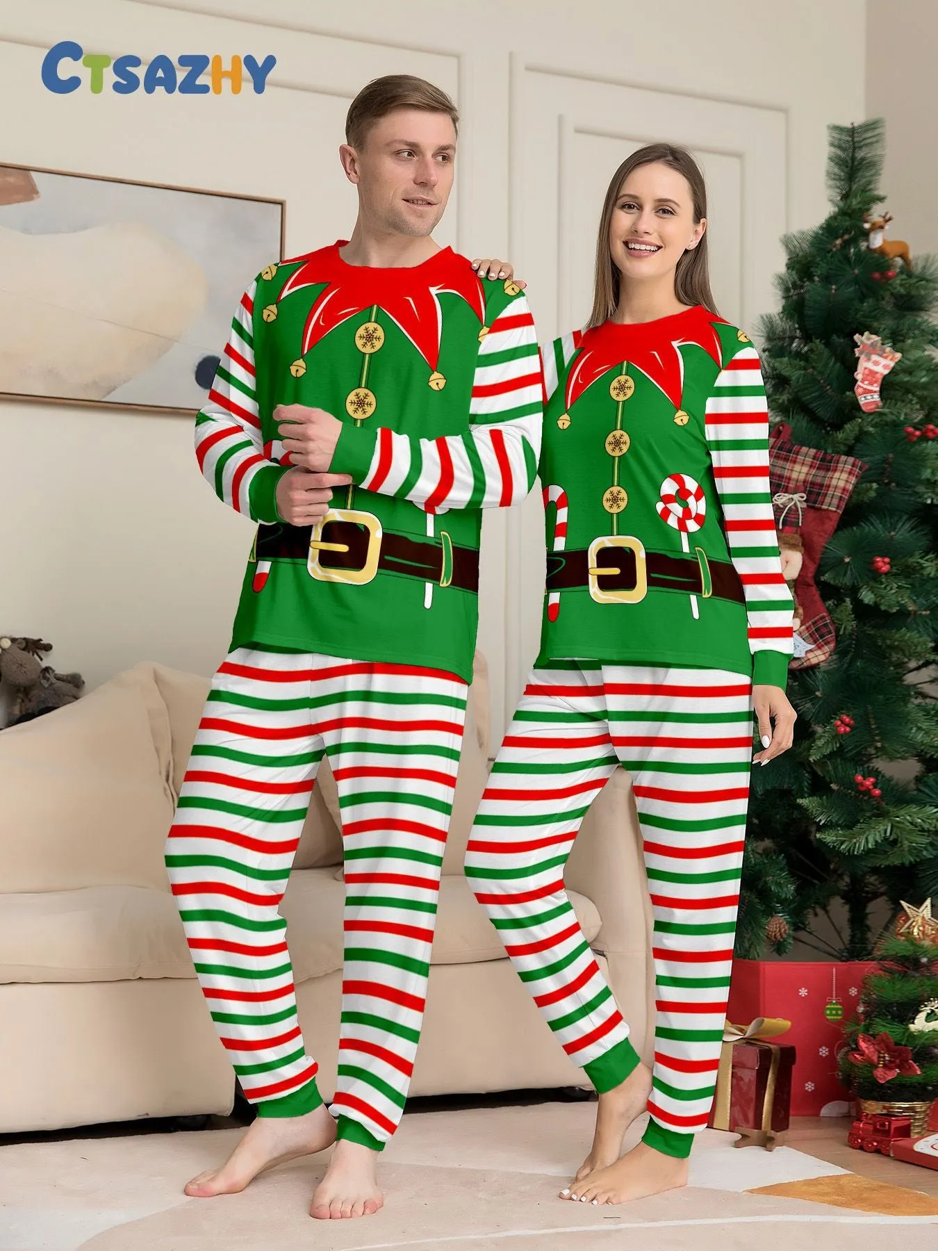 3D Print Christmas Family Pajamas Red Green Striped Crutch Xmas Pajamas