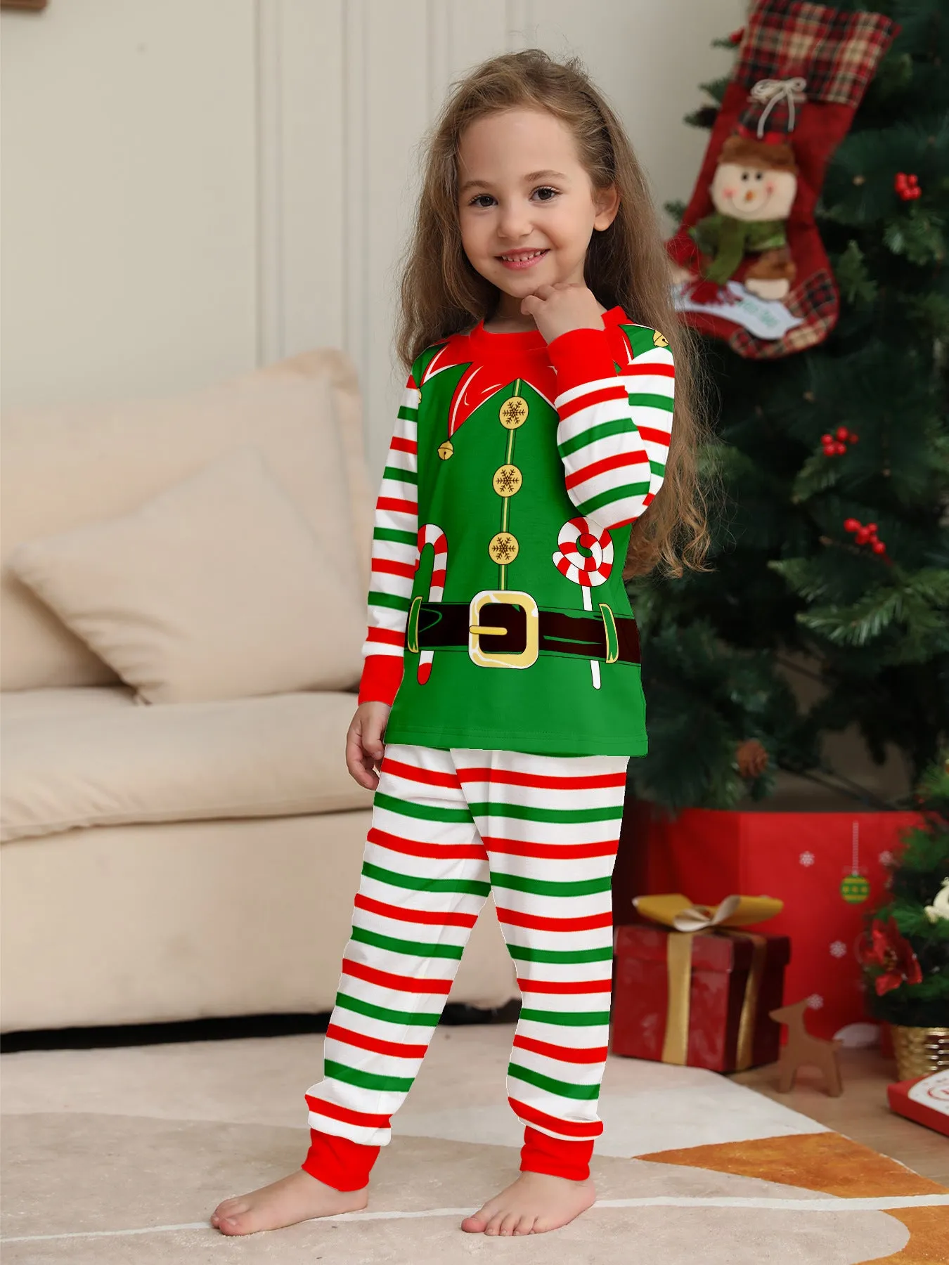 3D Print Christmas Family Pajamas Red Green Striped Crutch Xmas Pajamas