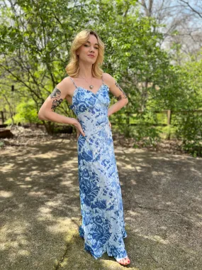 70s Blue Tie Dye Print Maxi Dress with Ruffle Hem, Holly