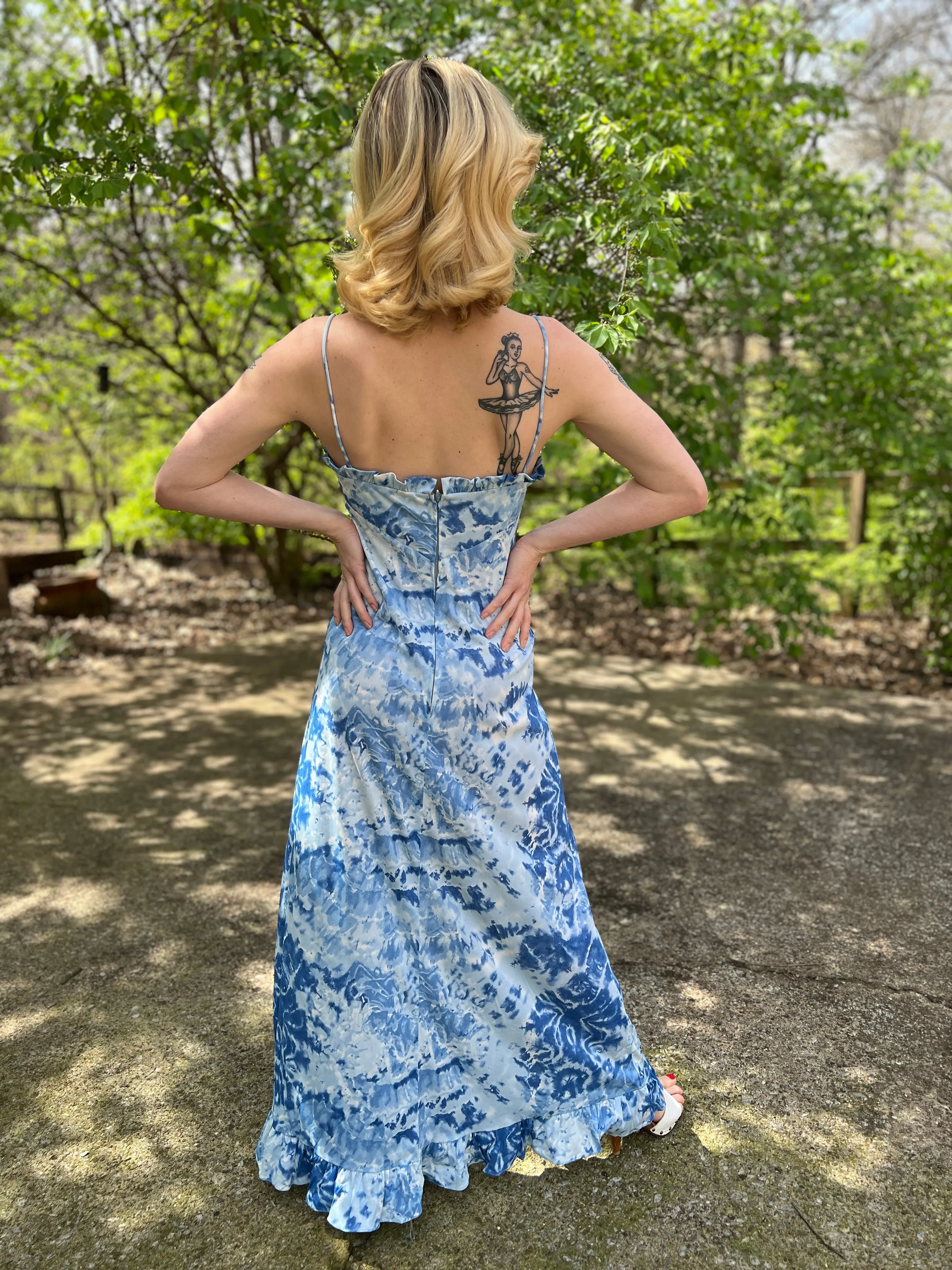 70s Blue Tie Dye Print Maxi Dress with Ruffle Hem, Holly
