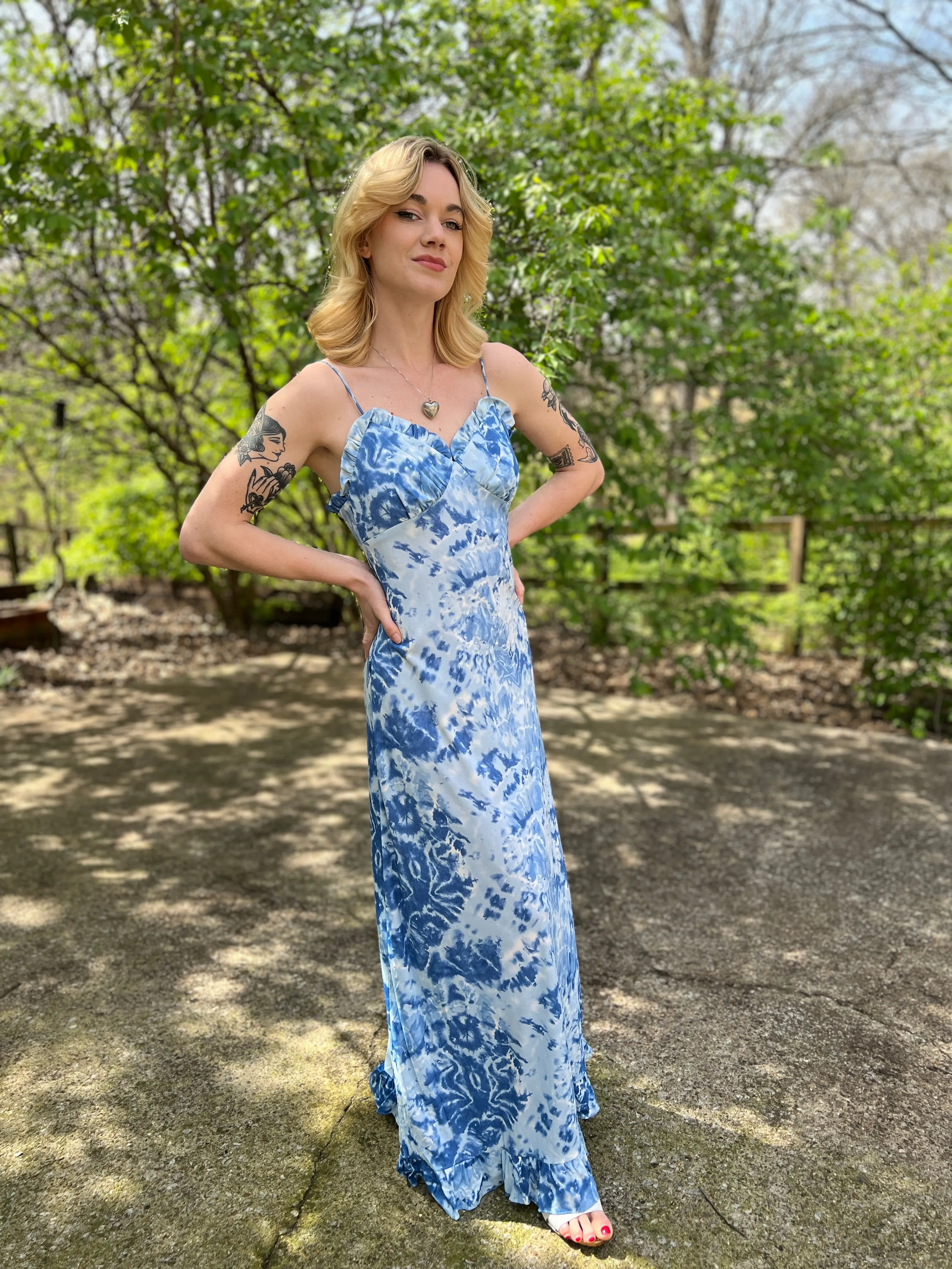 70s Blue Tie Dye Print Maxi Dress with Ruffle Hem, Holly