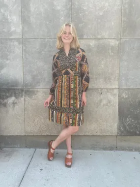 70s Brown Paisley Striped Cotton Dress, EnC Jr.