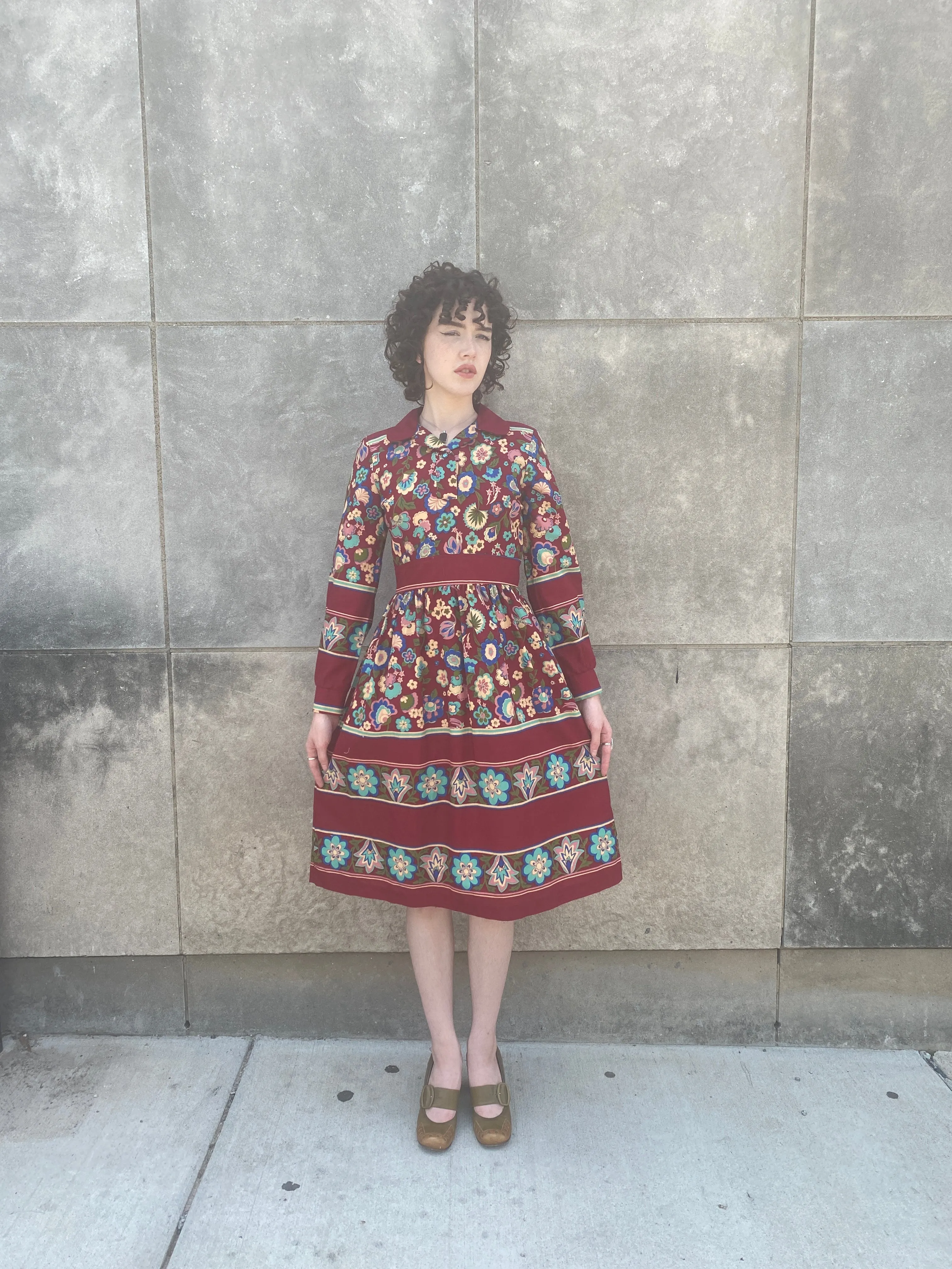 70s Burgundy Floral Rayon Dress, Tres Petite