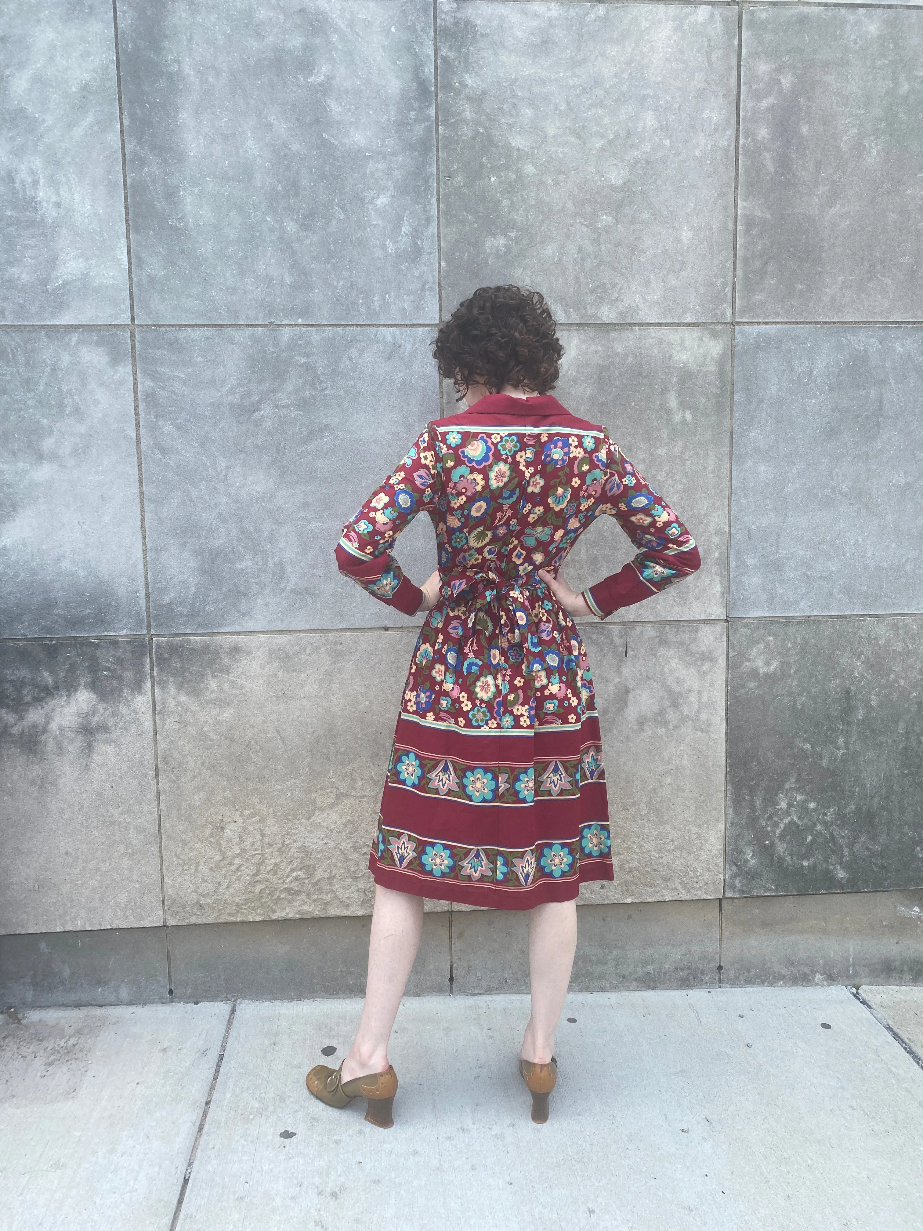 70s Burgundy Floral Rayon Dress, Tres Petite
