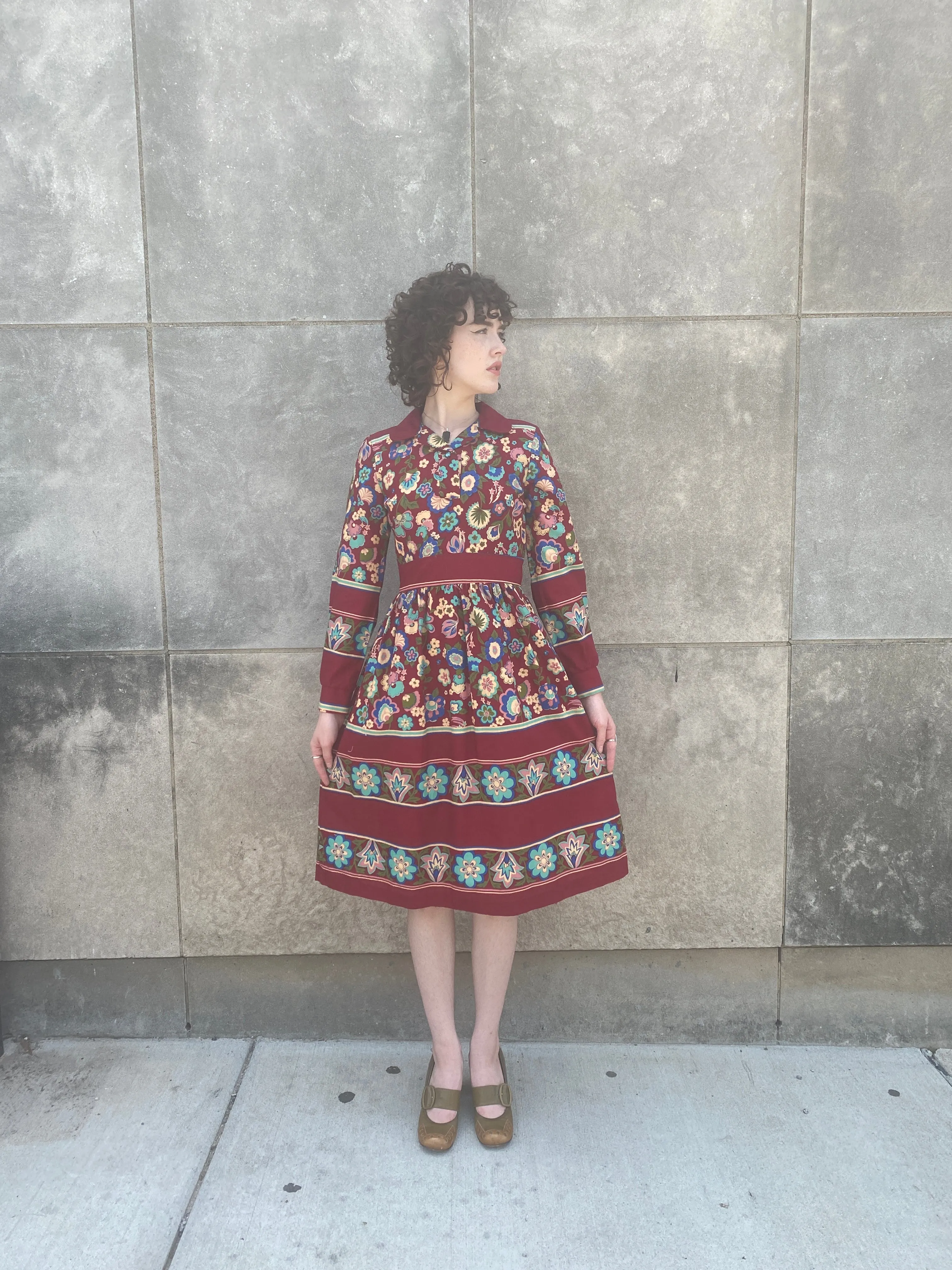 70s Burgundy Floral Rayon Dress, Tres Petite