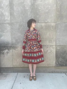 70s Burgundy Floral Rayon Dress, Tres Petite