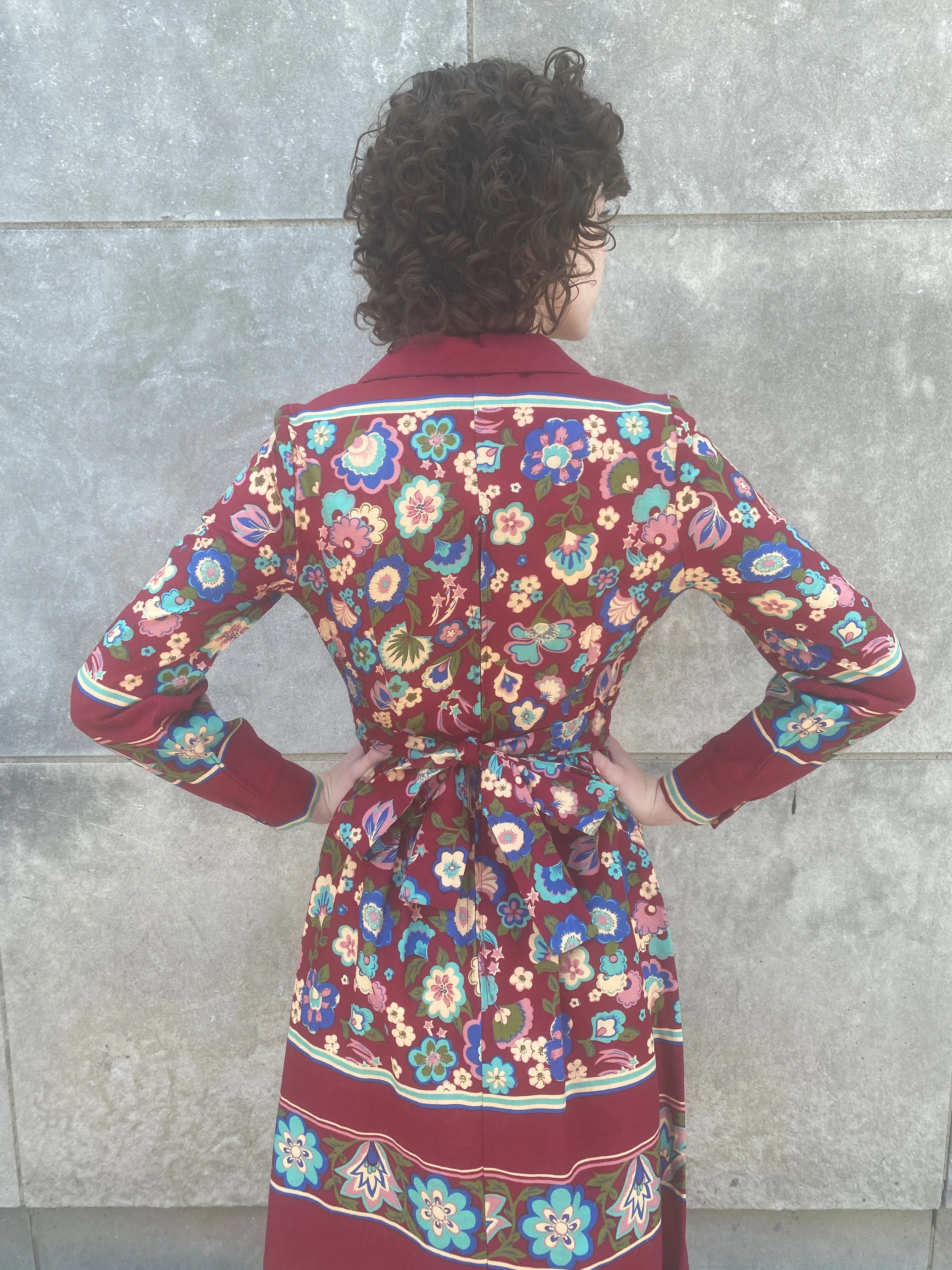 70s Burgundy Floral Rayon Dress, Tres Petite