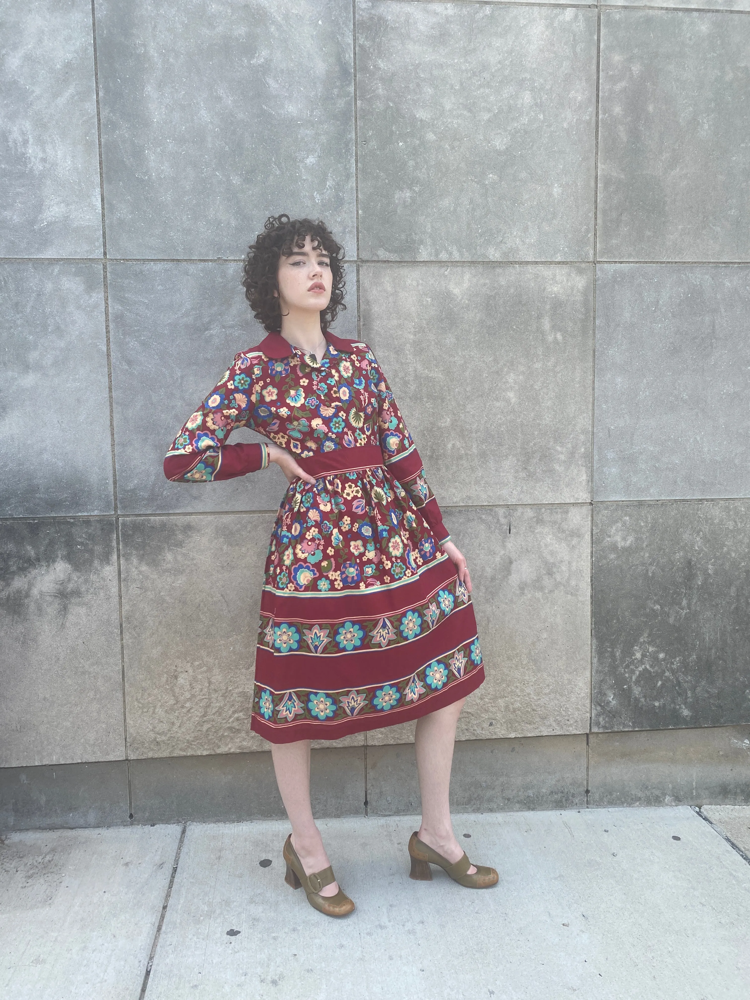 70s Burgundy Floral Rayon Dress, Tres Petite