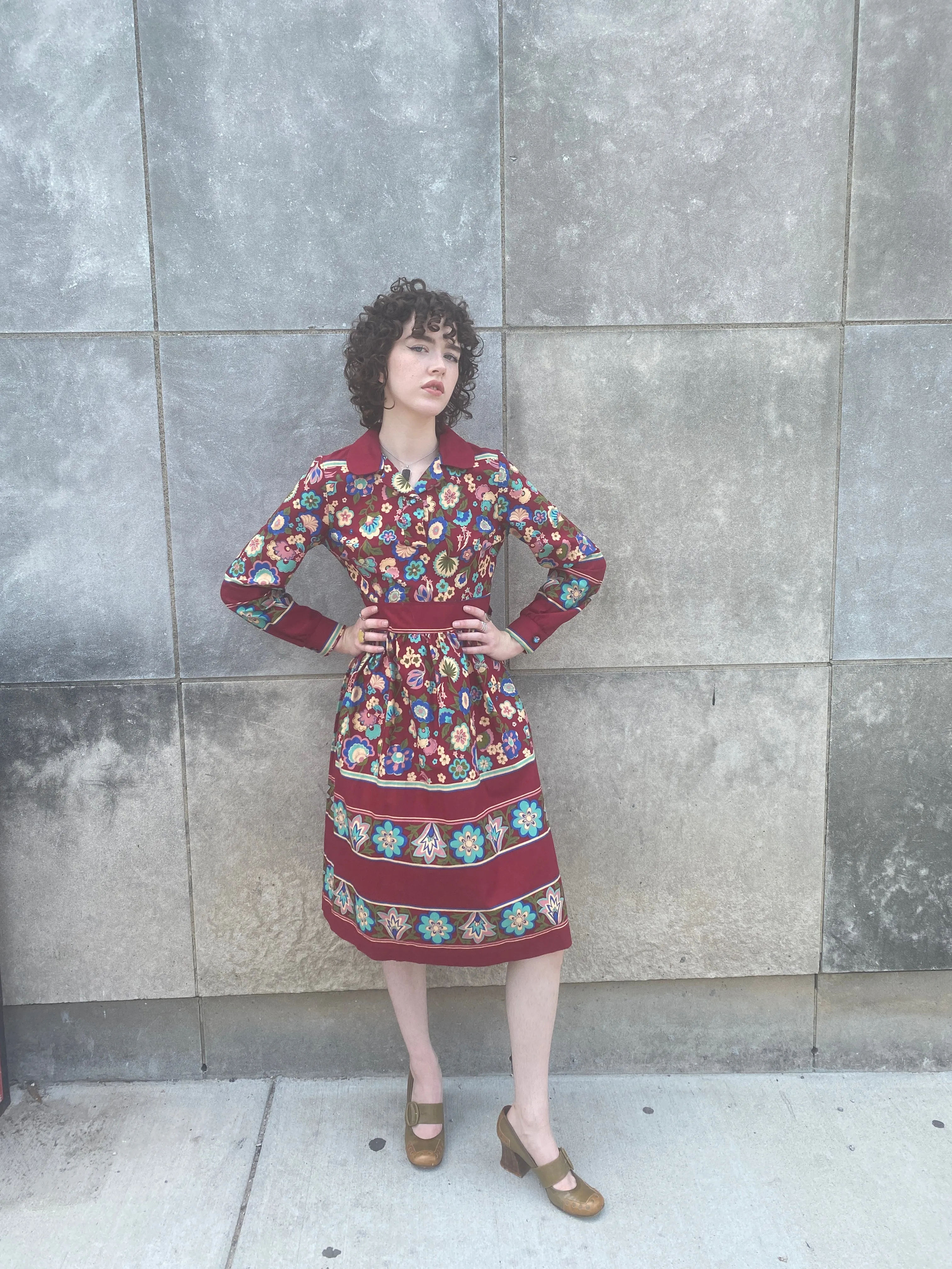 70s Burgundy Floral Rayon Dress, Tres Petite