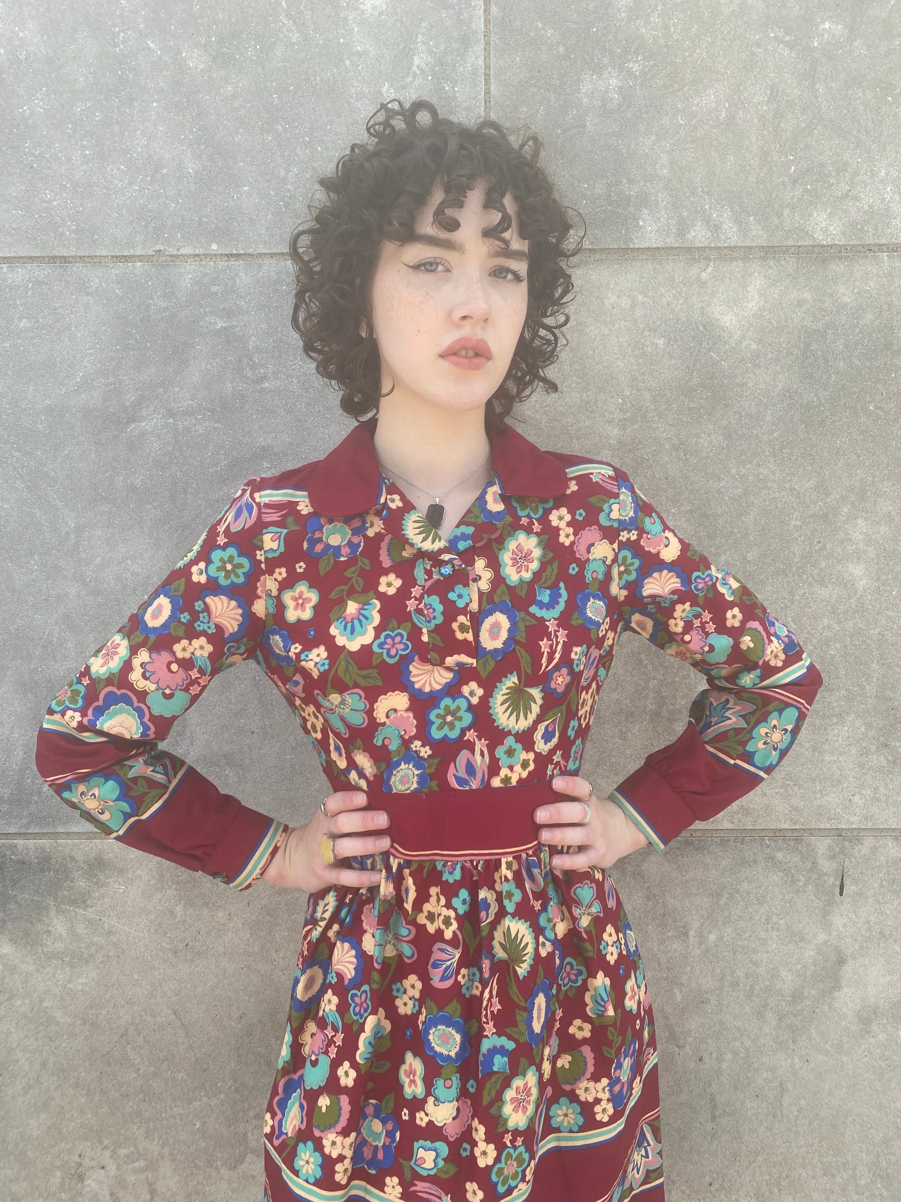 70s Burgundy Floral Rayon Dress, Tres Petite