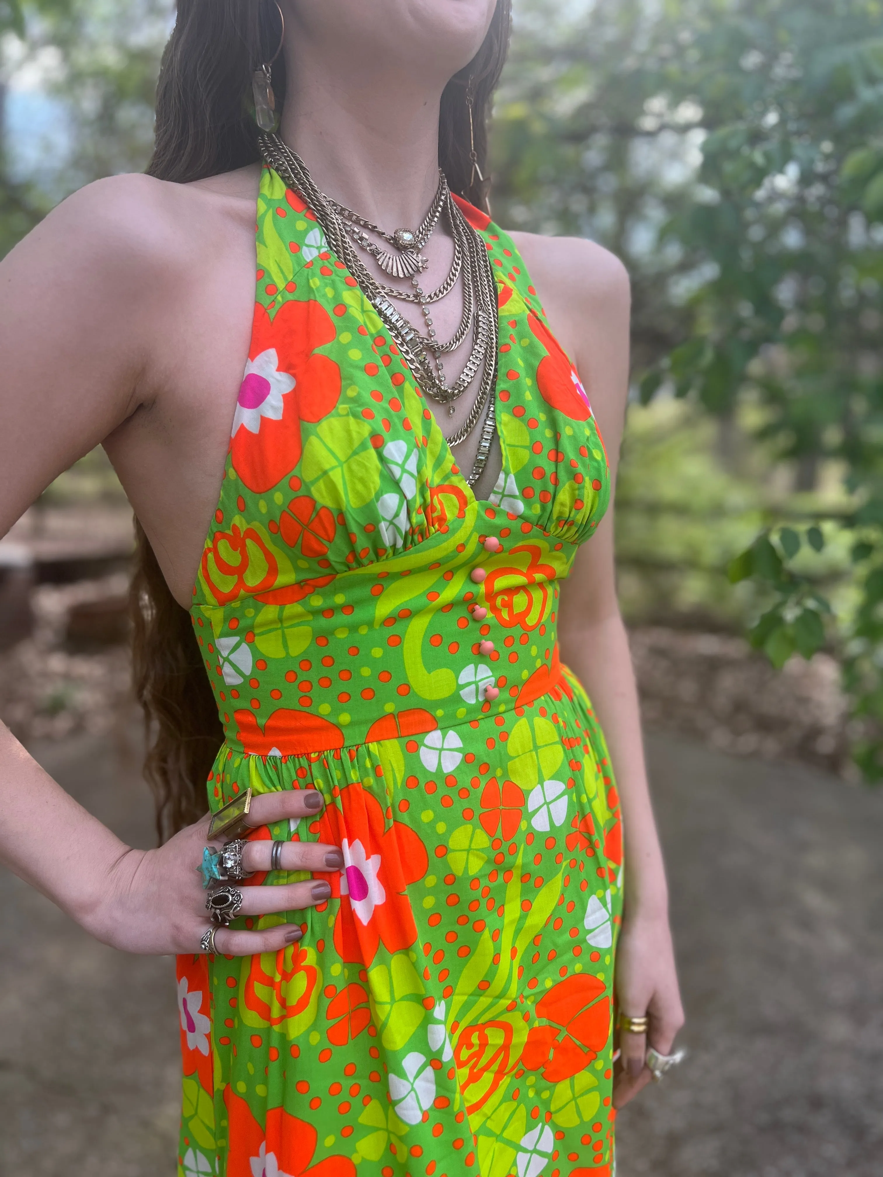 70s Green Orange Floral Halter Maxi Dress, Beach Party