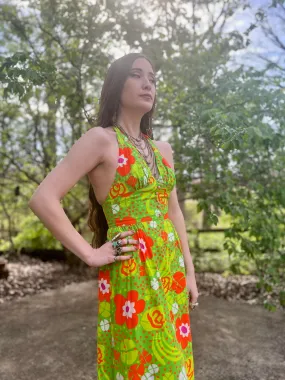 70s Green Orange Floral Halter Maxi Dress, Beach Party