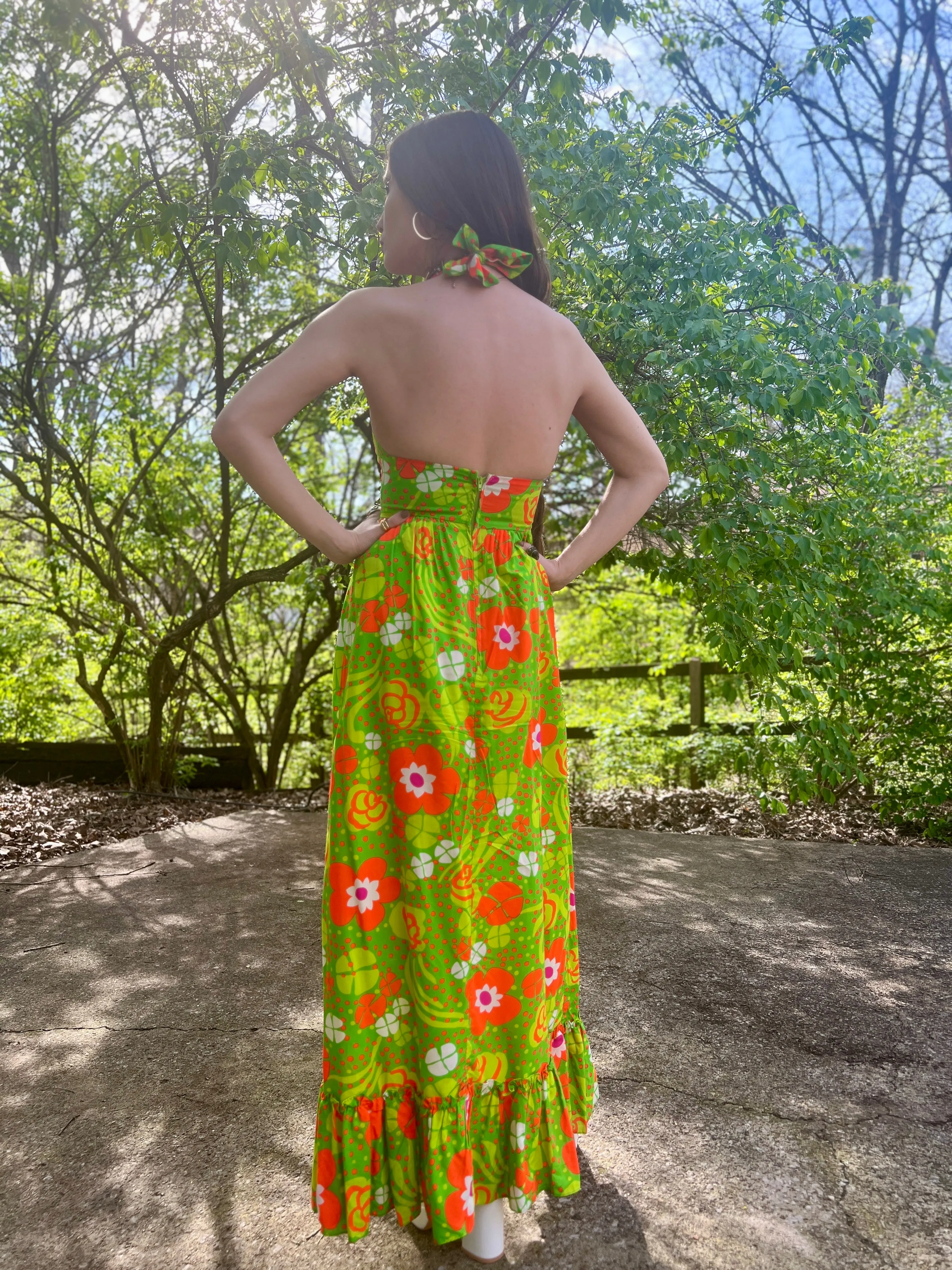 70s Green Orange Floral Halter Maxi Dress, Beach Party