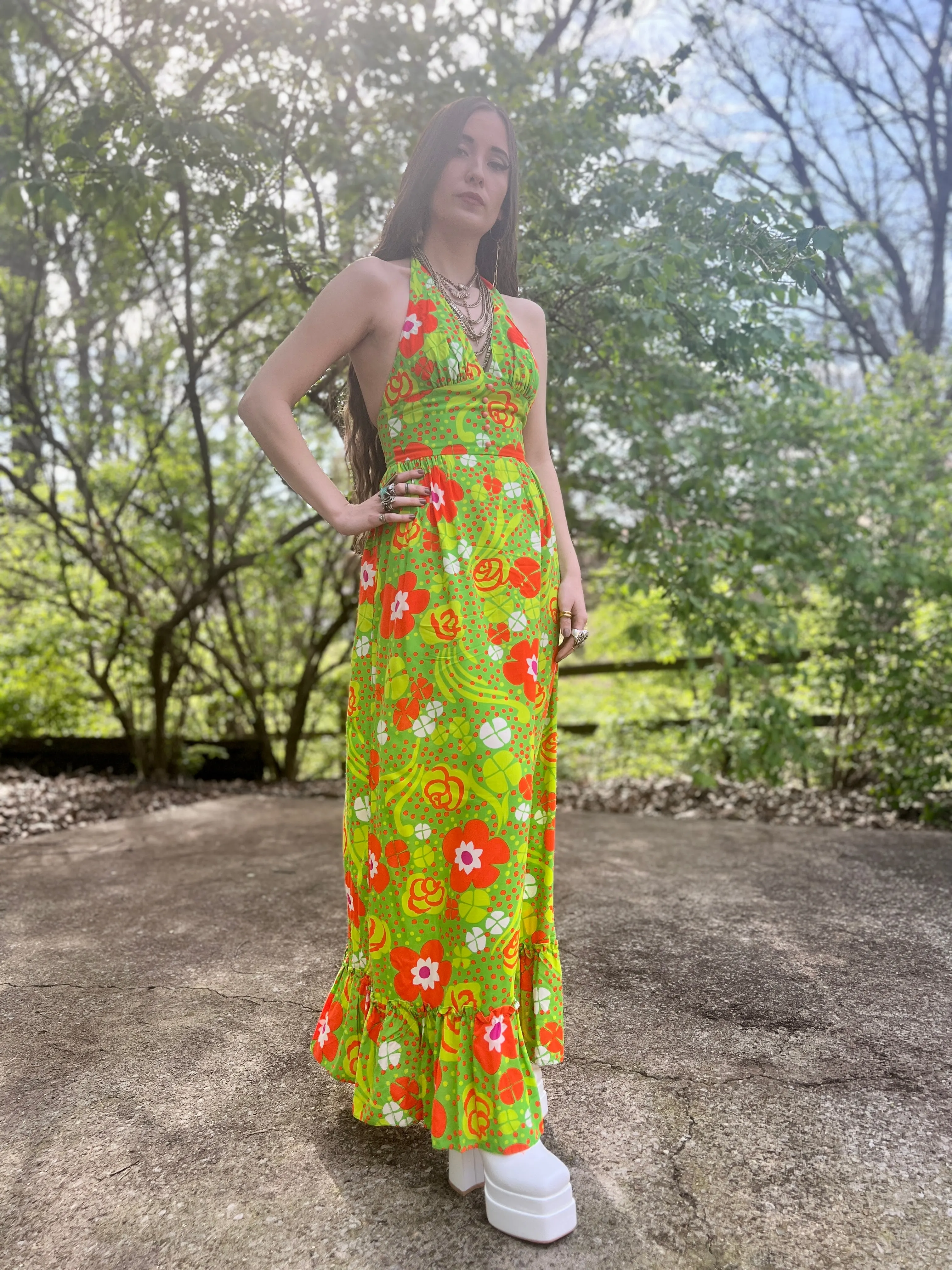 70s Green Orange Floral Halter Maxi Dress, Beach Party