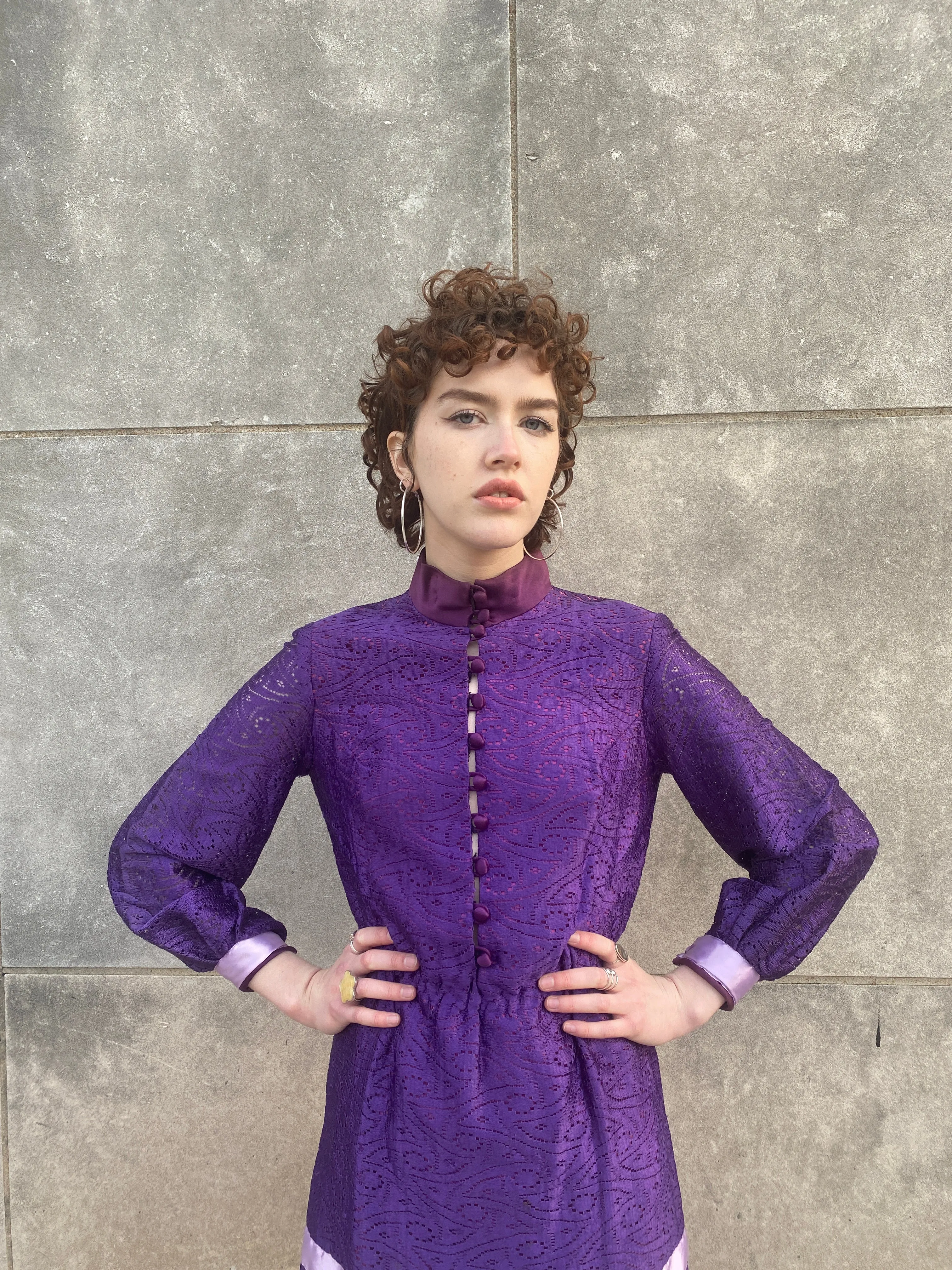 70s Purple Lace Mini Dress, High Neck Collar