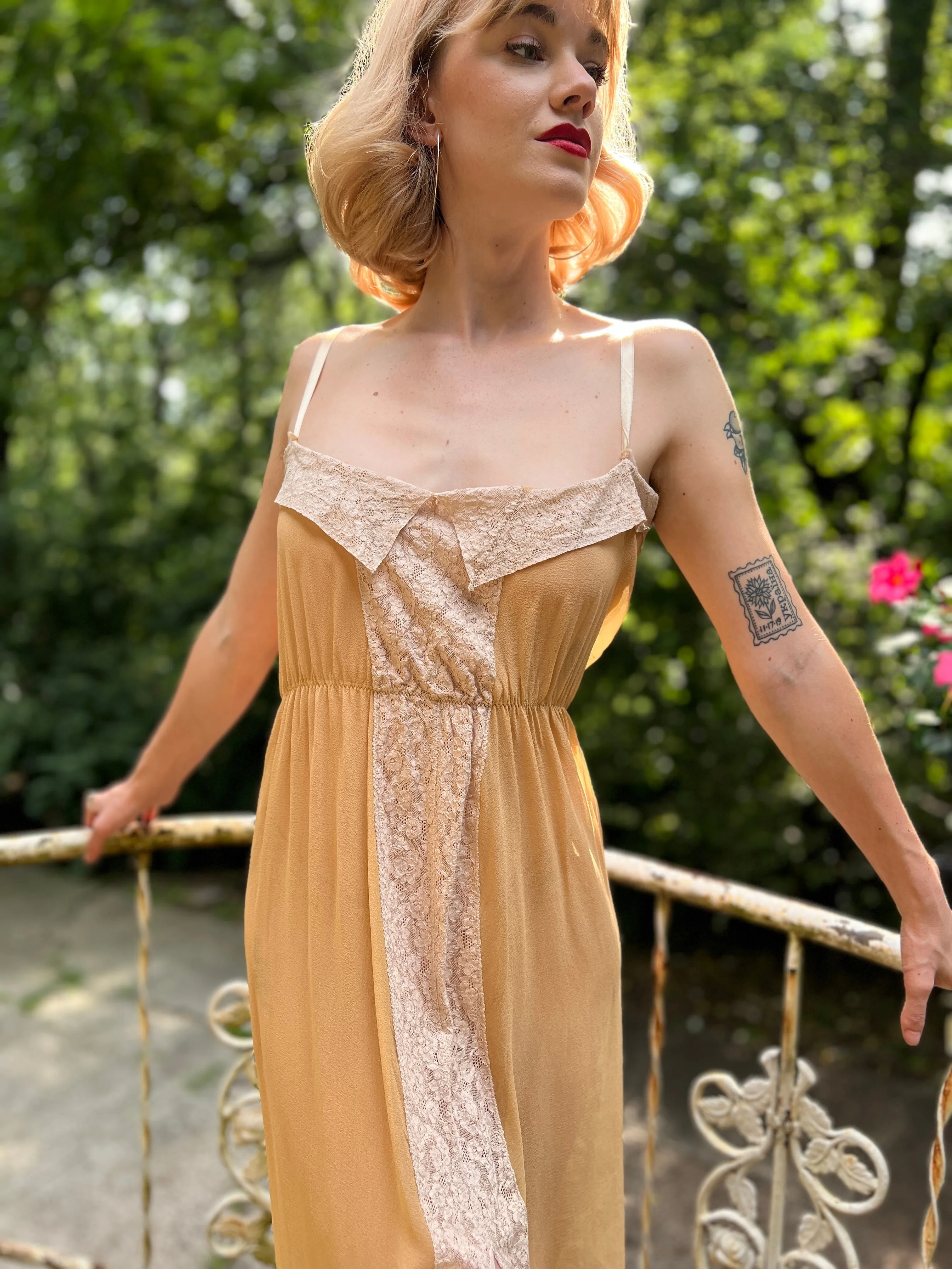 70s Tan Silk Crepe Nightgown Dress With Lace, SHU-BA