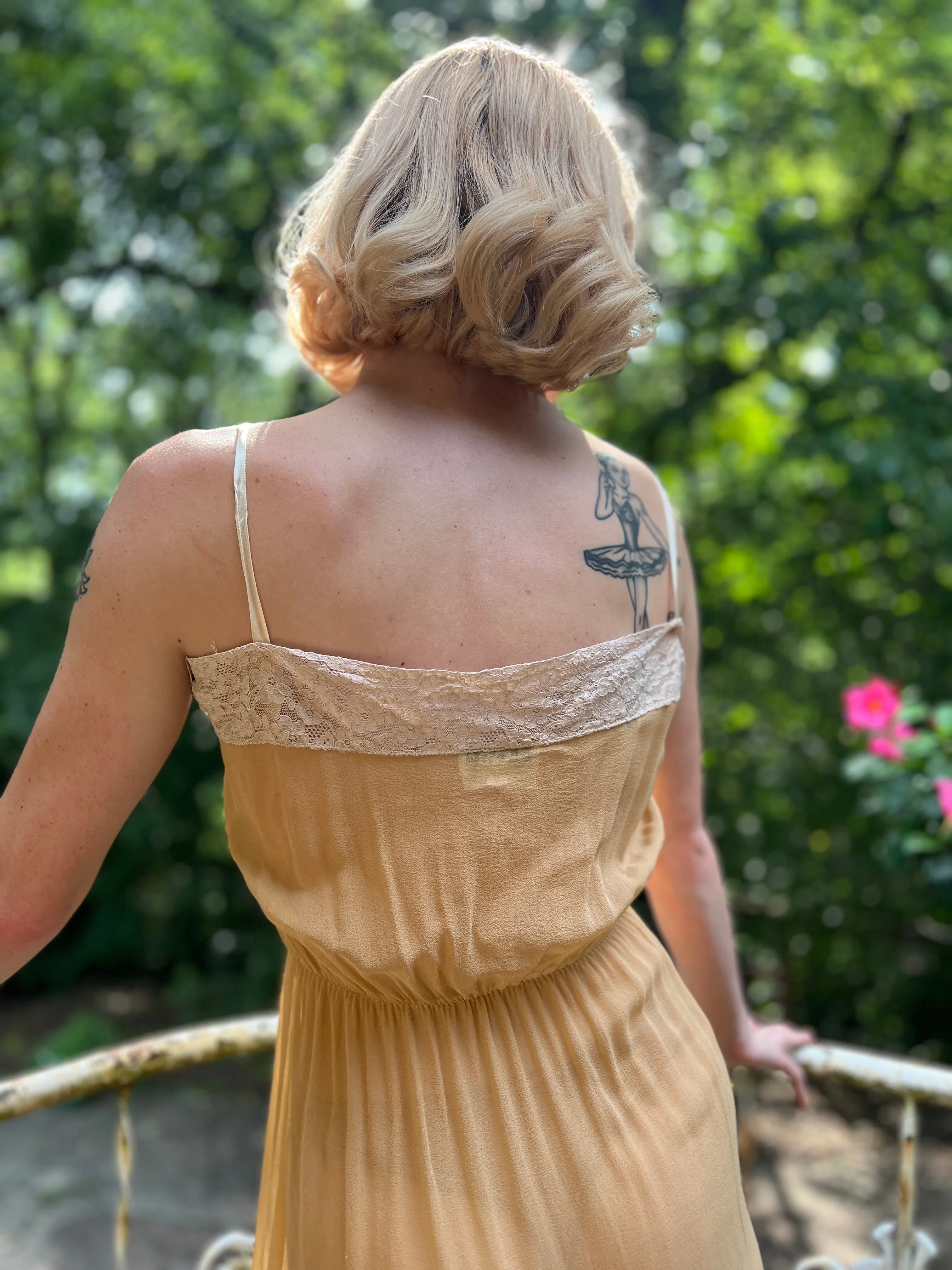 70s Tan Silk Crepe Nightgown Dress With Lace, SHU-BA