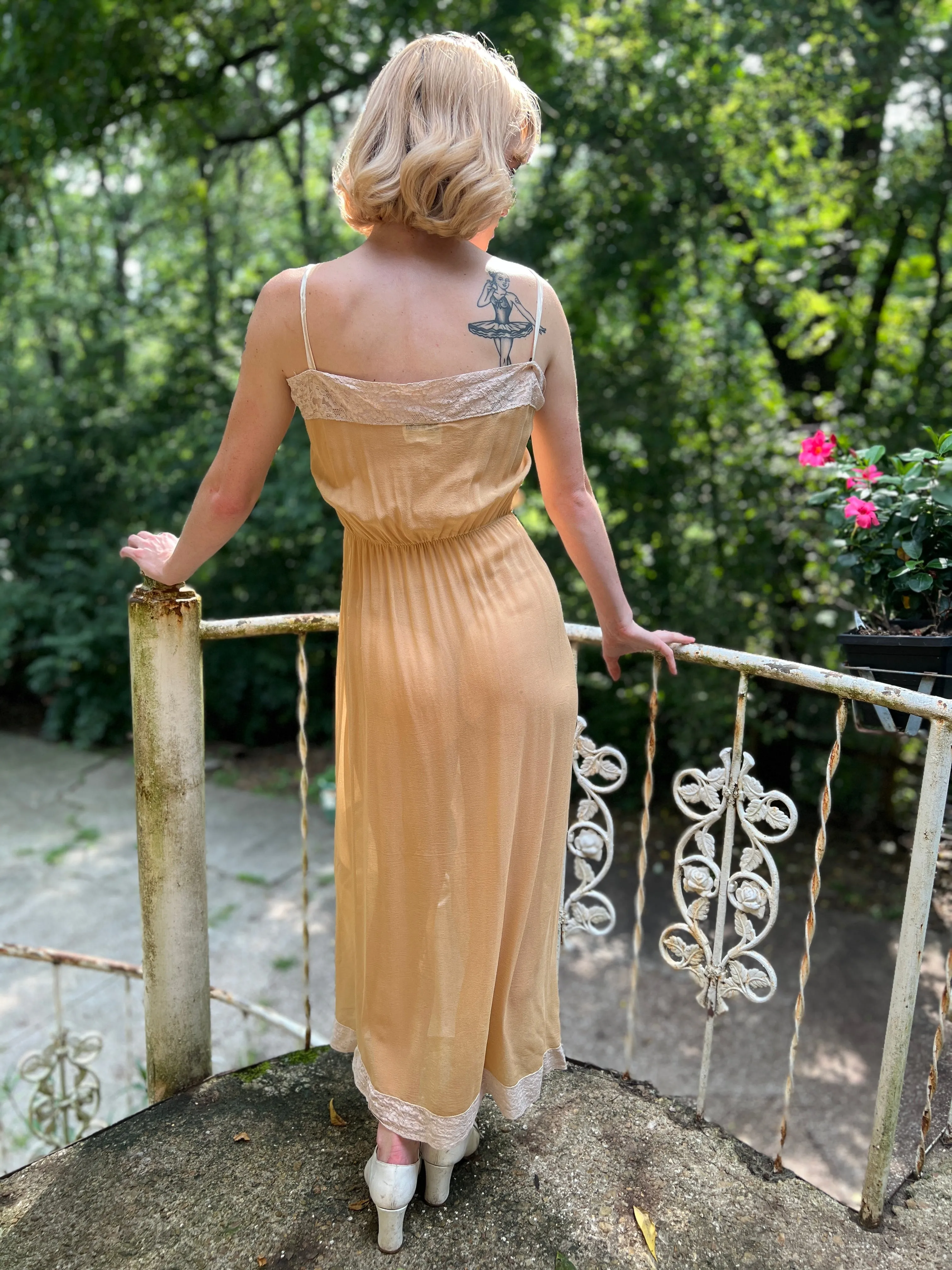 70s Tan Silk Crepe Nightgown Dress With Lace, SHU-BA