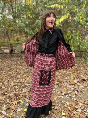 70s Vintage Black Pink Cotton Floral  Skirt Set, Left Field