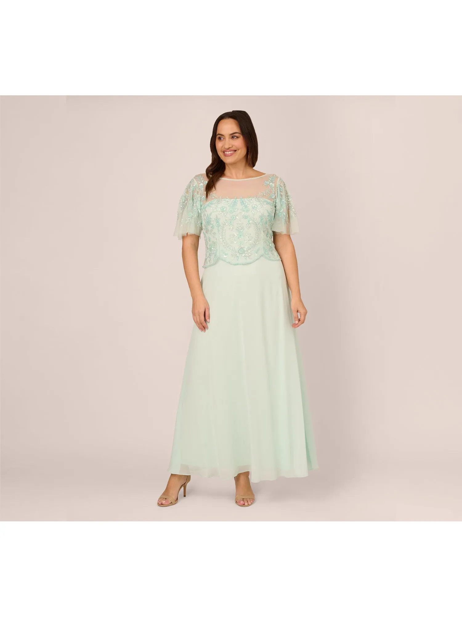 ADRIANNA PAPELL Womens Embellished Flutter Sleeve Boat Neck Maxi Party Gown Dress