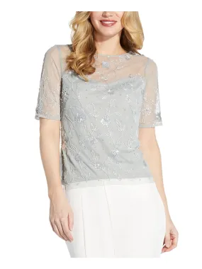 ADRIANNA PAPELL Womens Gray Zippered Beaded And Sequined Lined Short Sleeve Boat Neck Party Top
