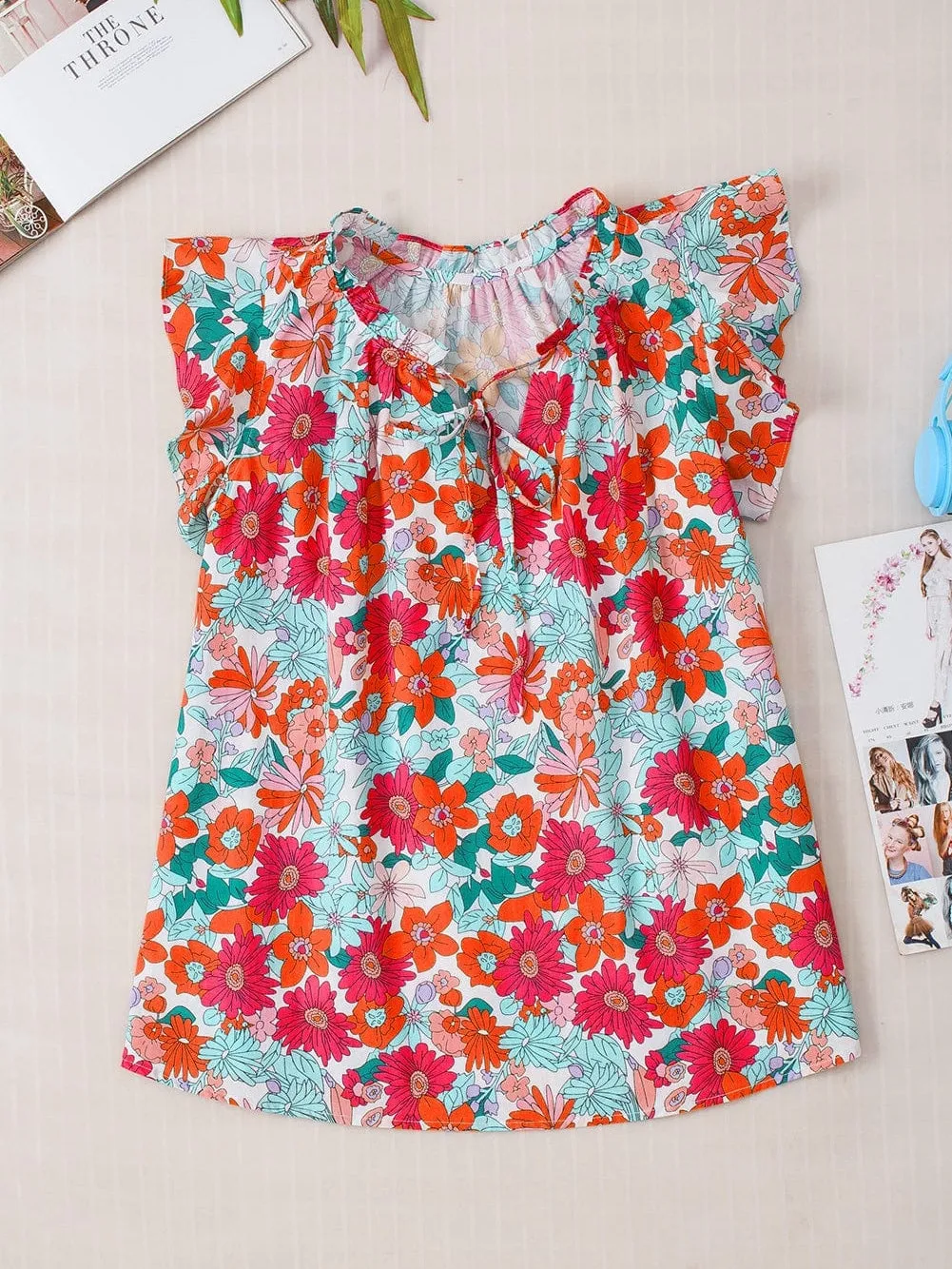 Blooming Rose Red V Neck Tank Top with Drawstring Detail