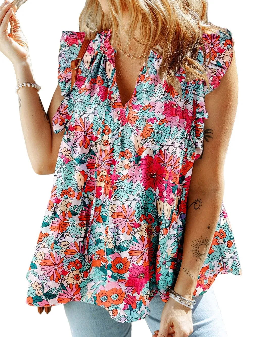 Blooming Rose Red V Neck Tank Top with Drawstring Detail