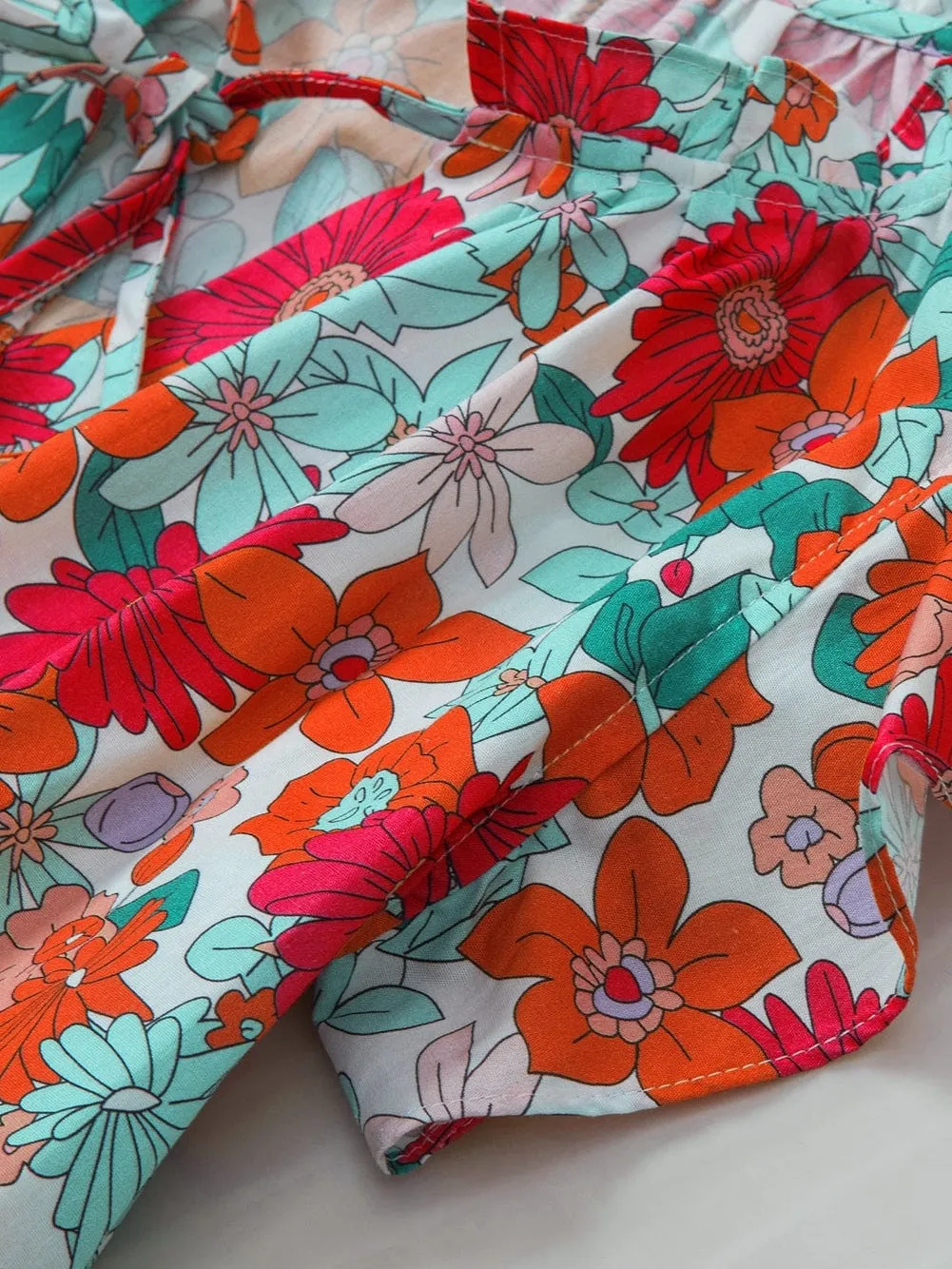 Blooming Rose Red V Neck Tank Top with Drawstring Detail