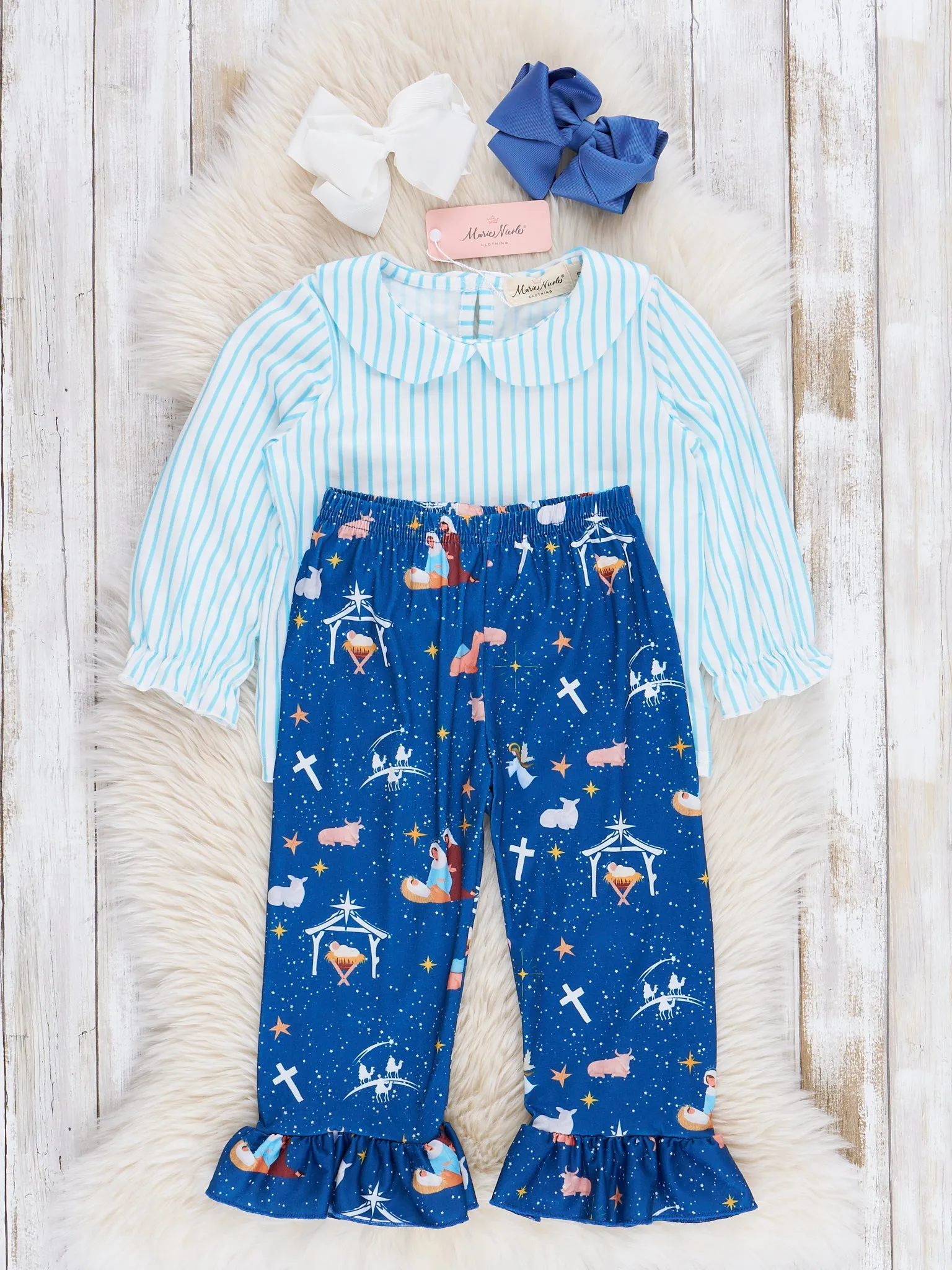 Blue Nativity Ruffle Pajamas
