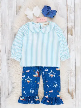 Blue Nativity Ruffle Pajamas