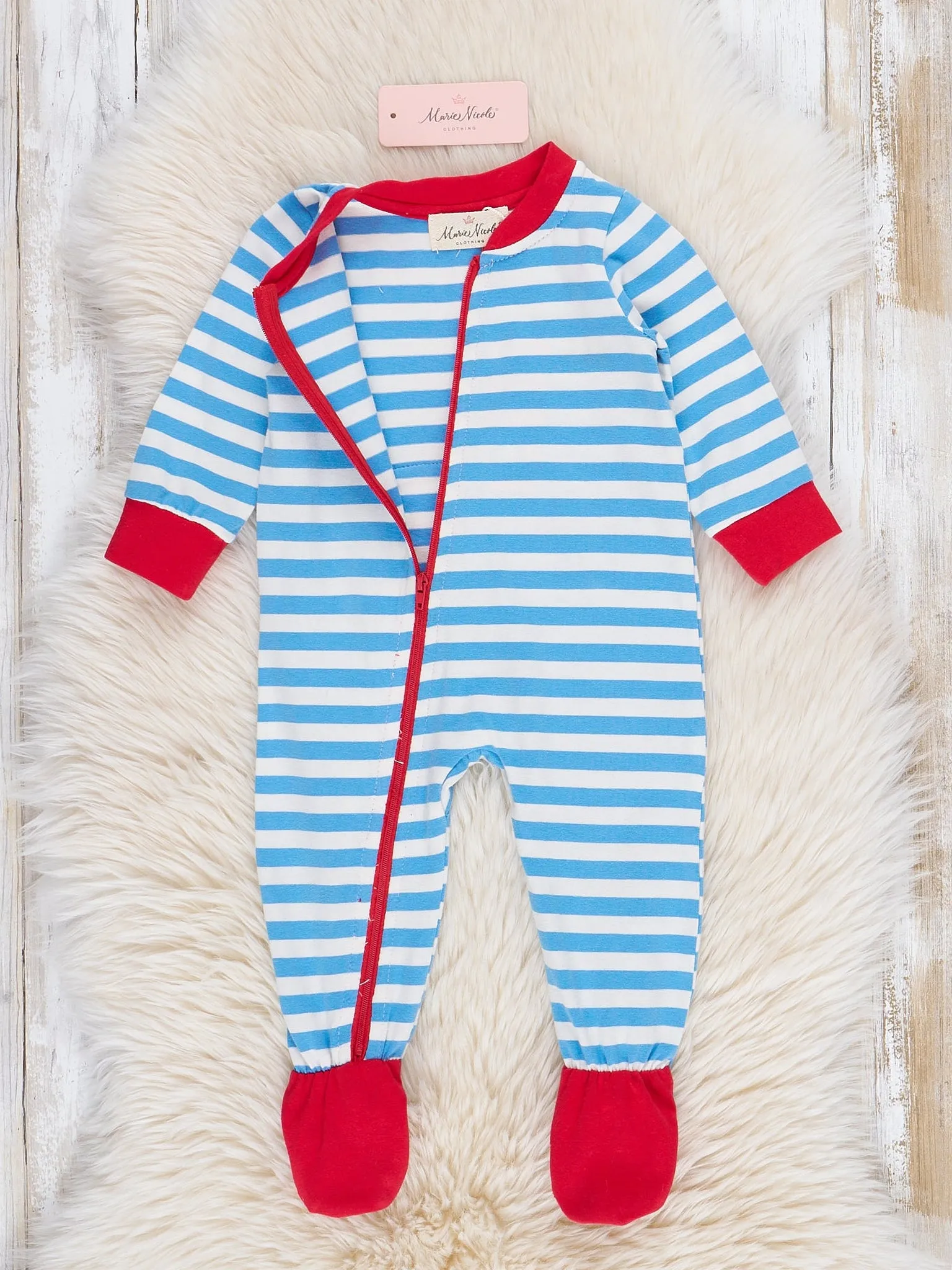 Blue Striped Embroidered Santa Cookies Footed Sleeper Pajamas