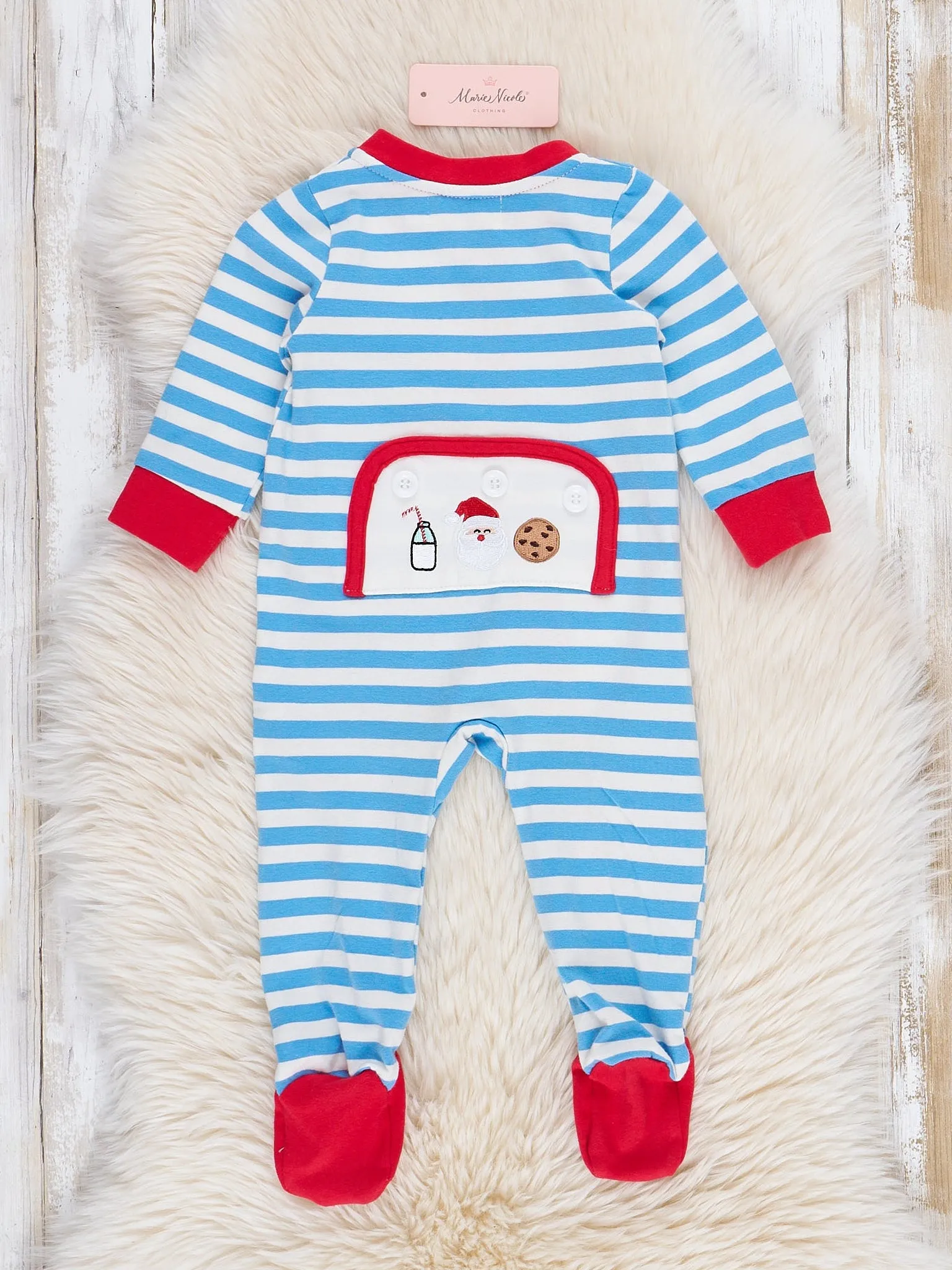 Blue Striped Embroidered Santa Cookies Footed Sleeper Pajamas